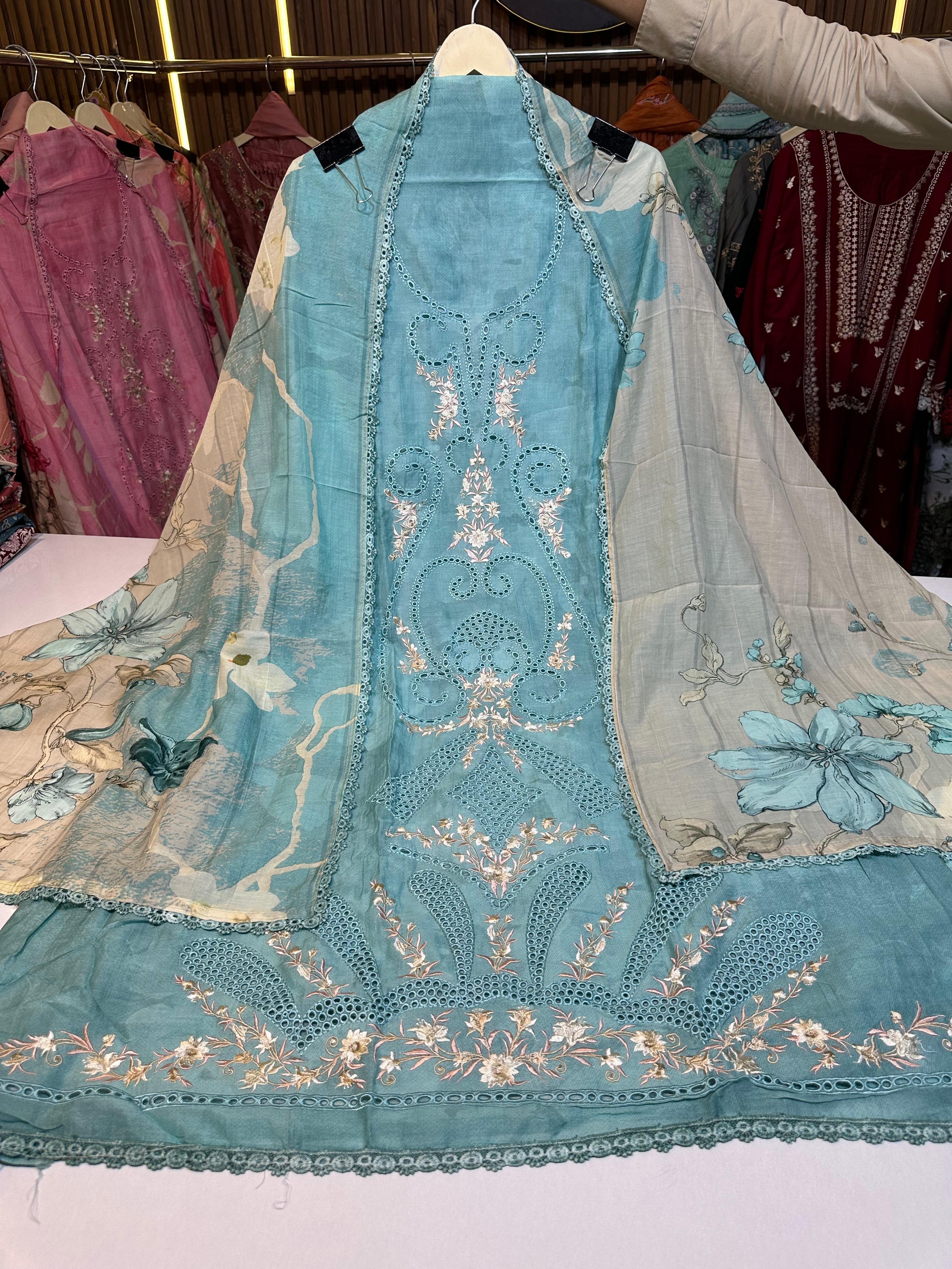 Pure mul chanderi with boring work & pure chiffon dupatta