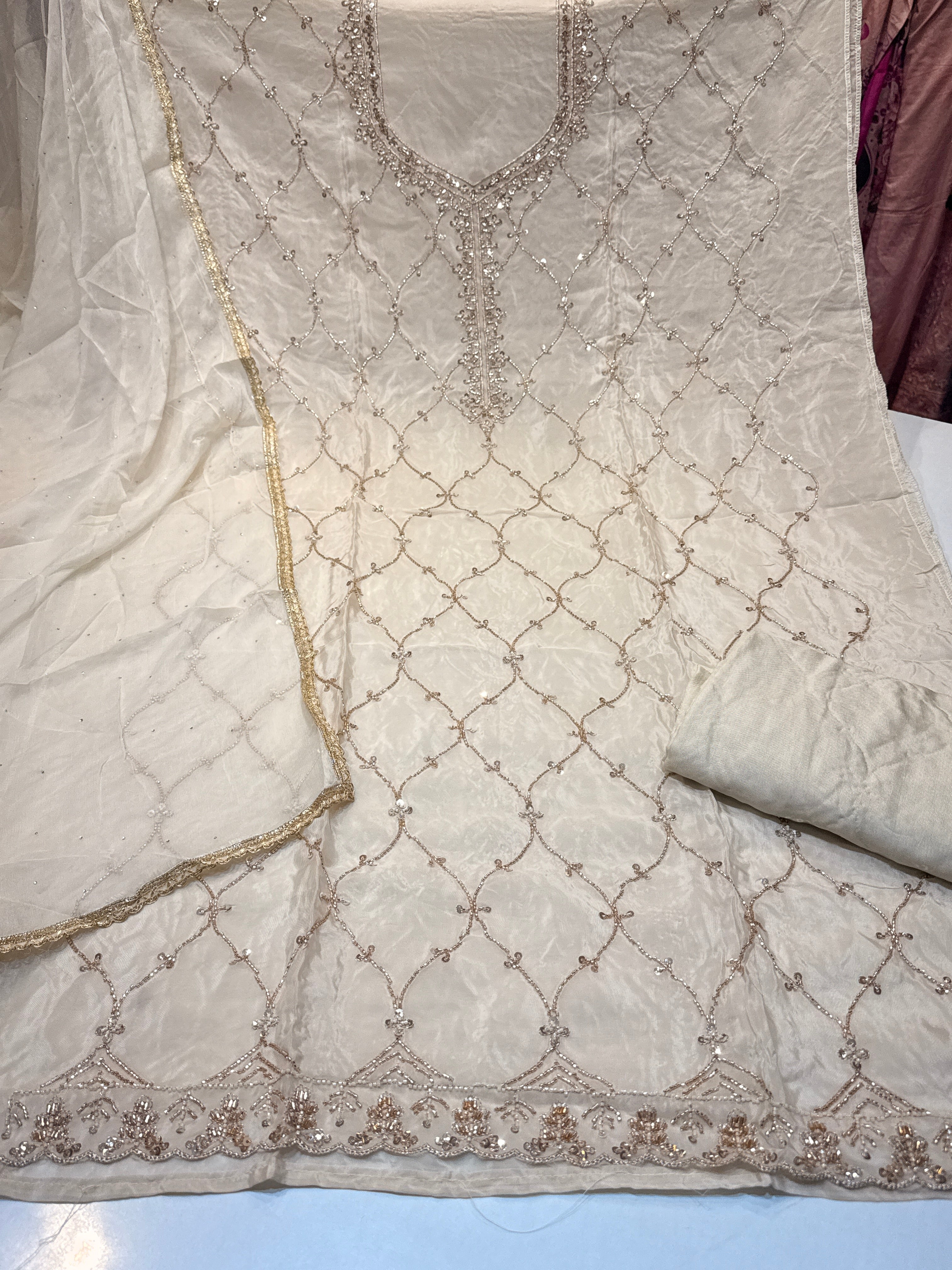 Pure Glass organza with heavy handwork kameez & pure chiffon lace work duppatta
