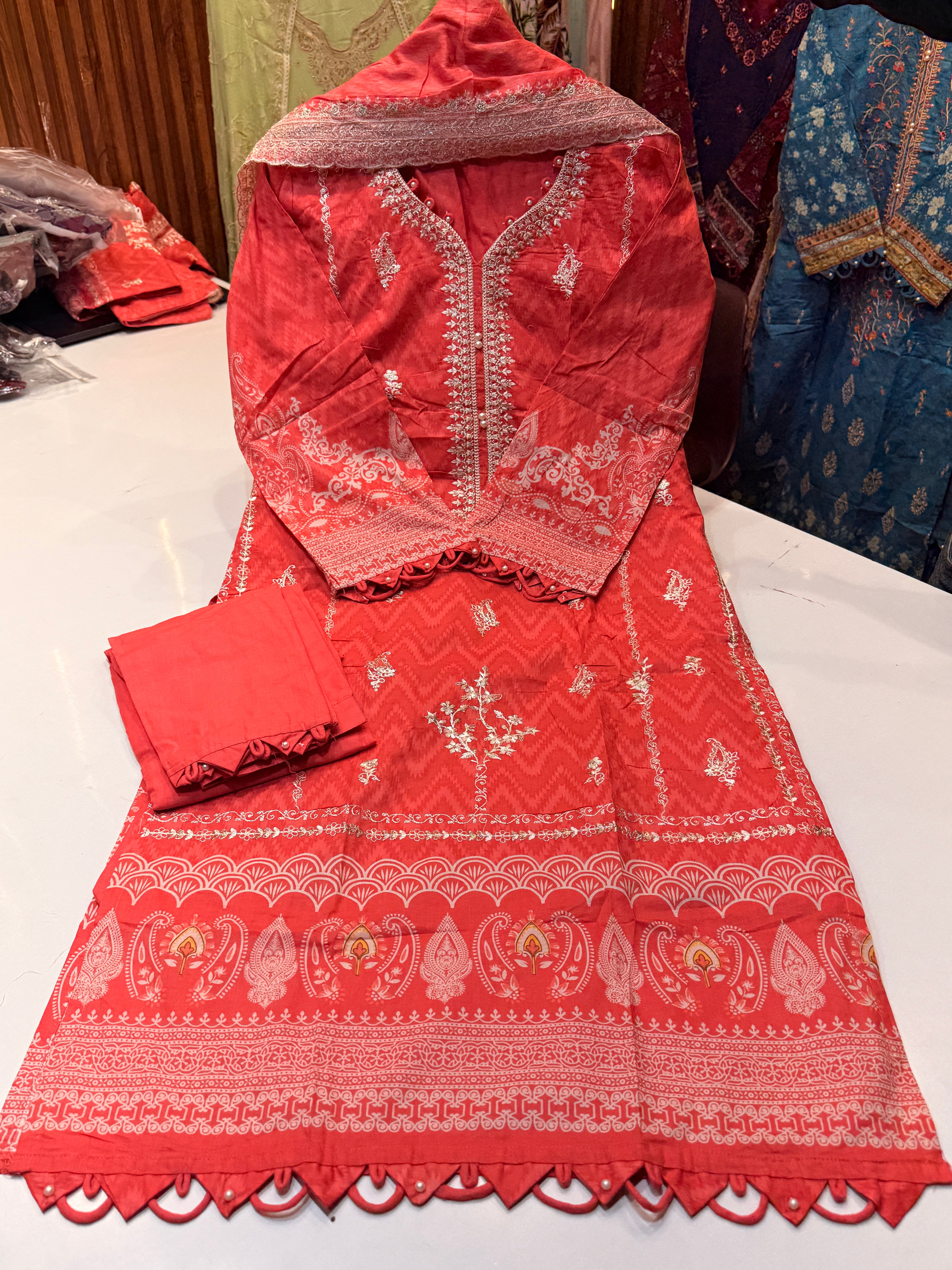 Product code (1251)Pure cotton with with heavy embroidery & heavy cutwork dupatta with pant