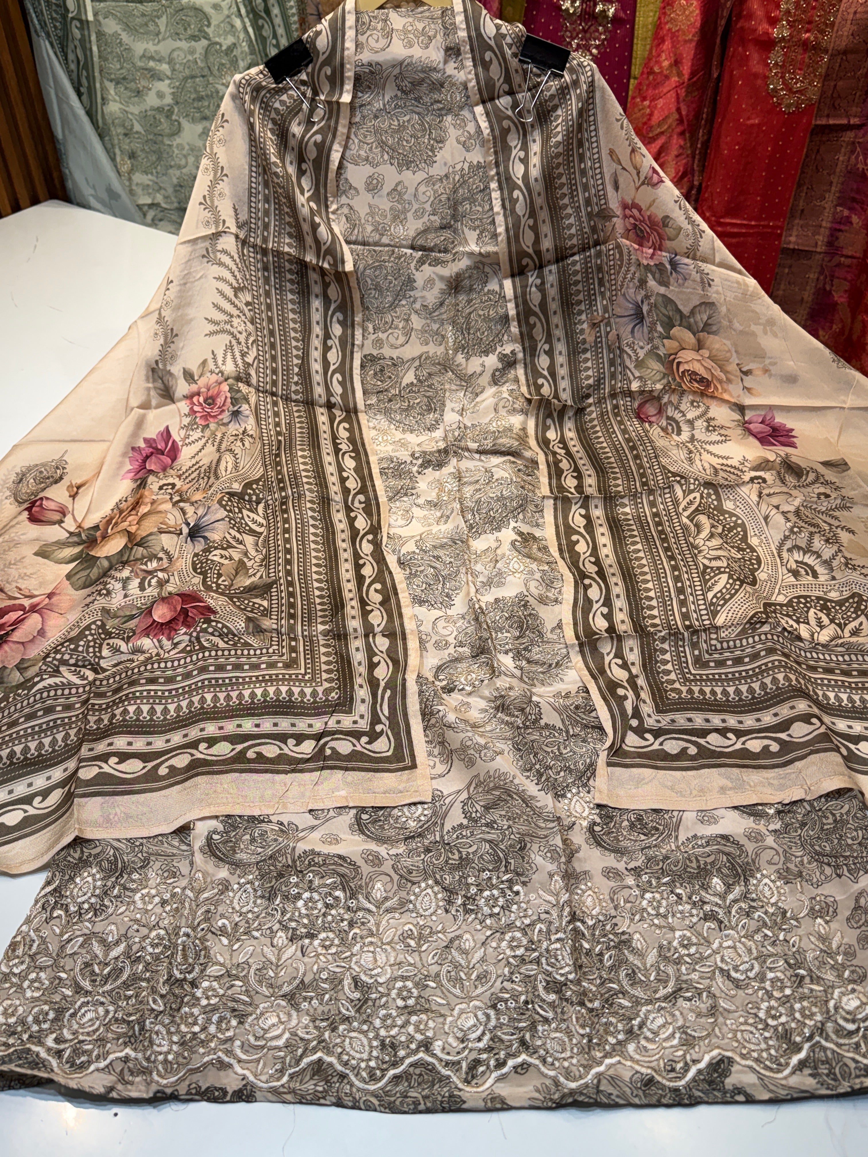 🏷️Product code:-(C-1401)Pure natural crape with digital print & elegance heavy work