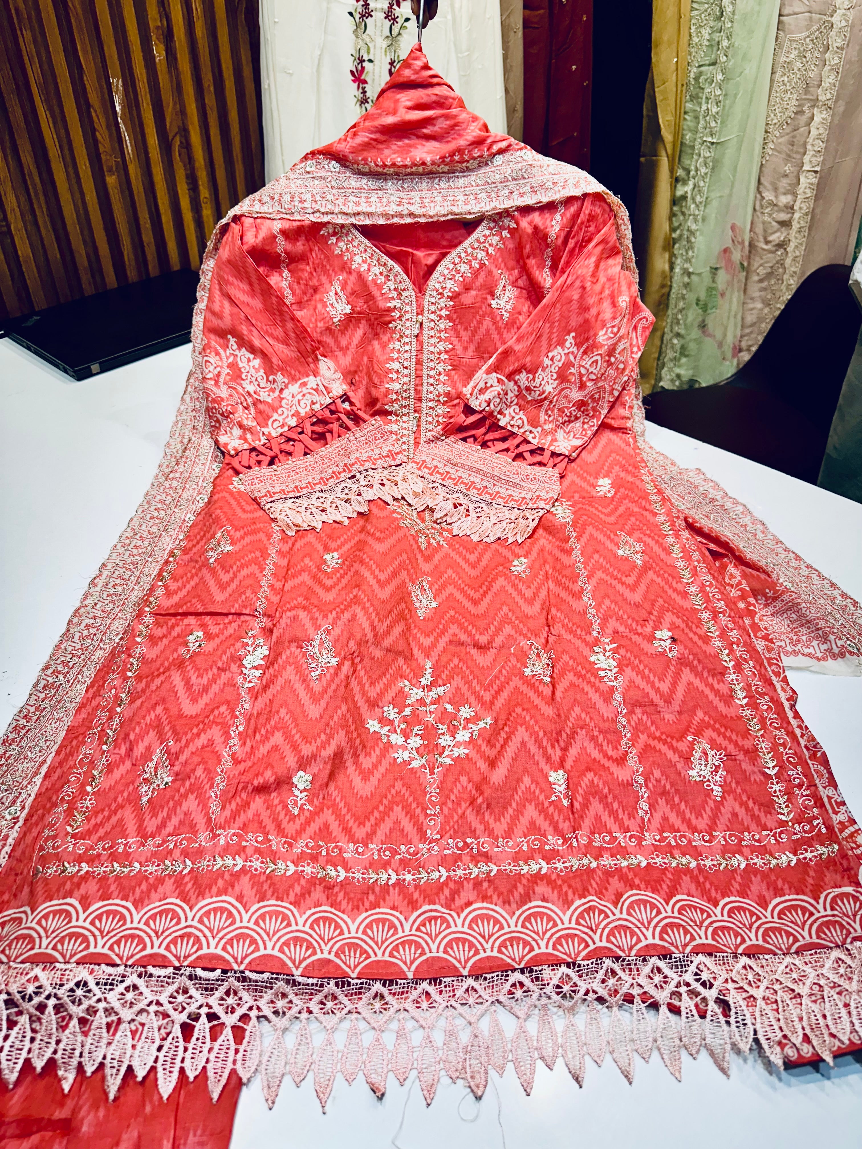 Pure cotton Karachi suit with heavy embroidery & farshi shalwar ❤️
