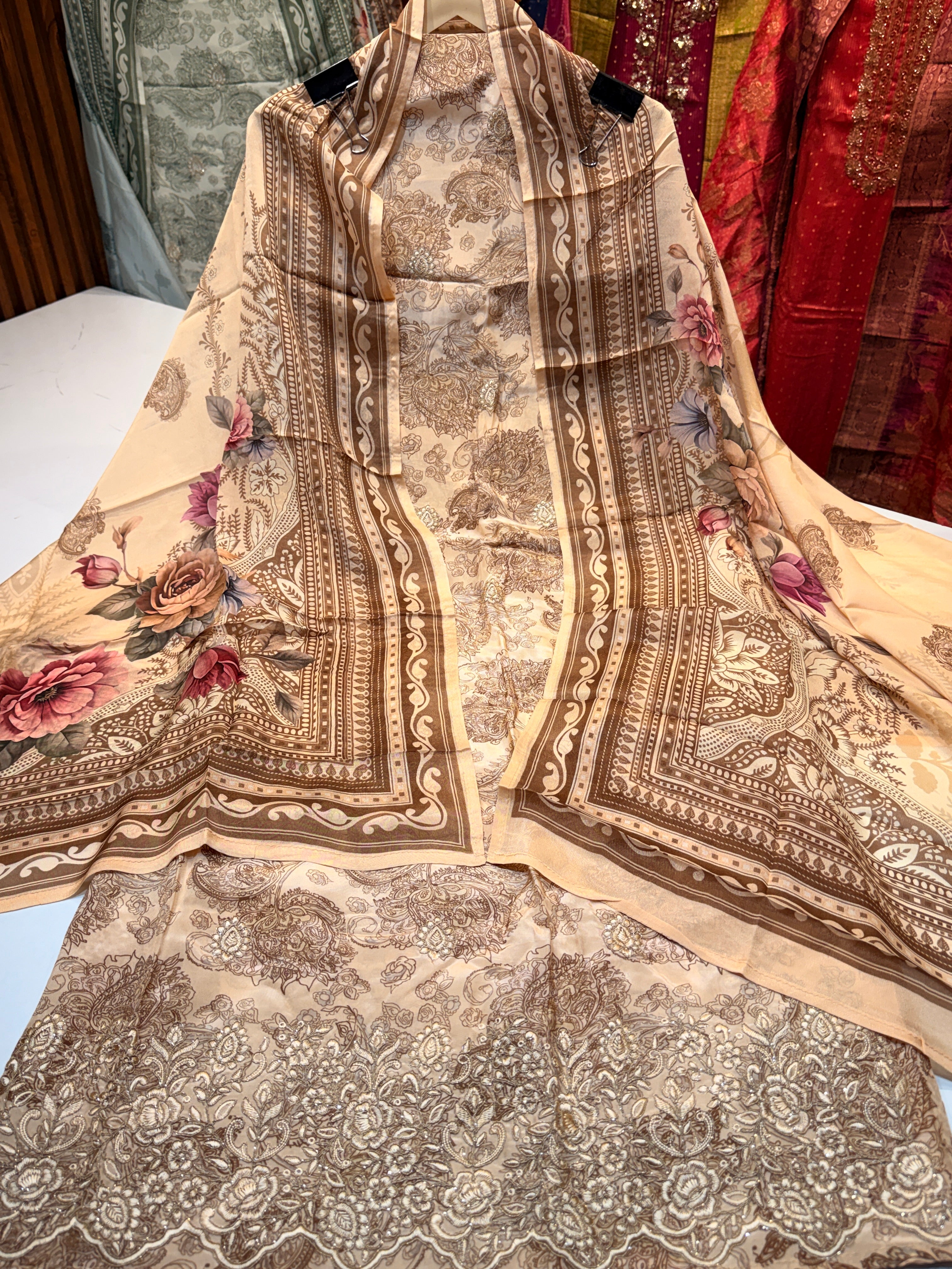 🏷️Product code:-(C-1401)Pure natural crape with digital print & elegance heavy work