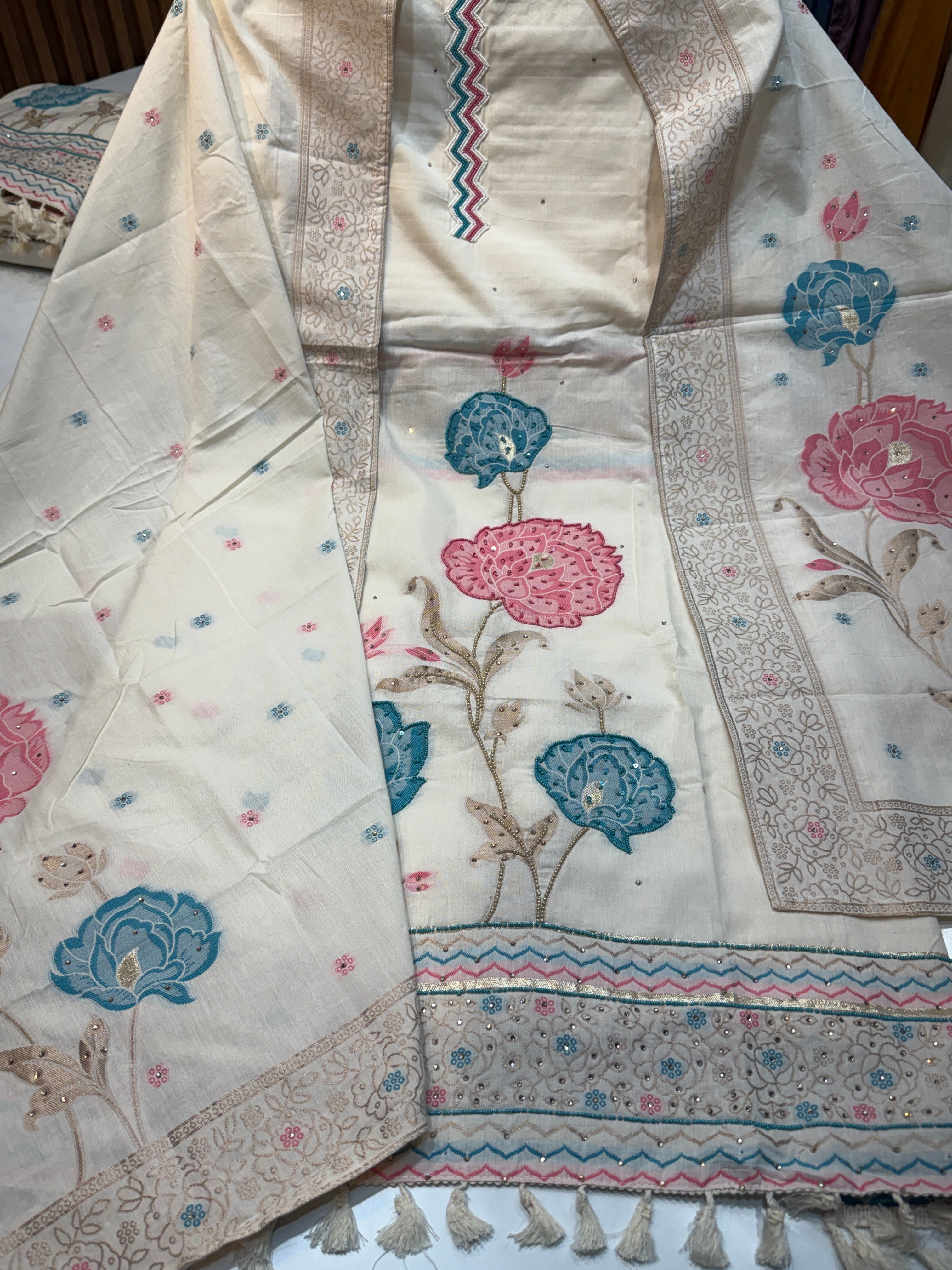 🏷️Product code:-(CJ-1501)Pure cotton with jacquard work & lace work bottom