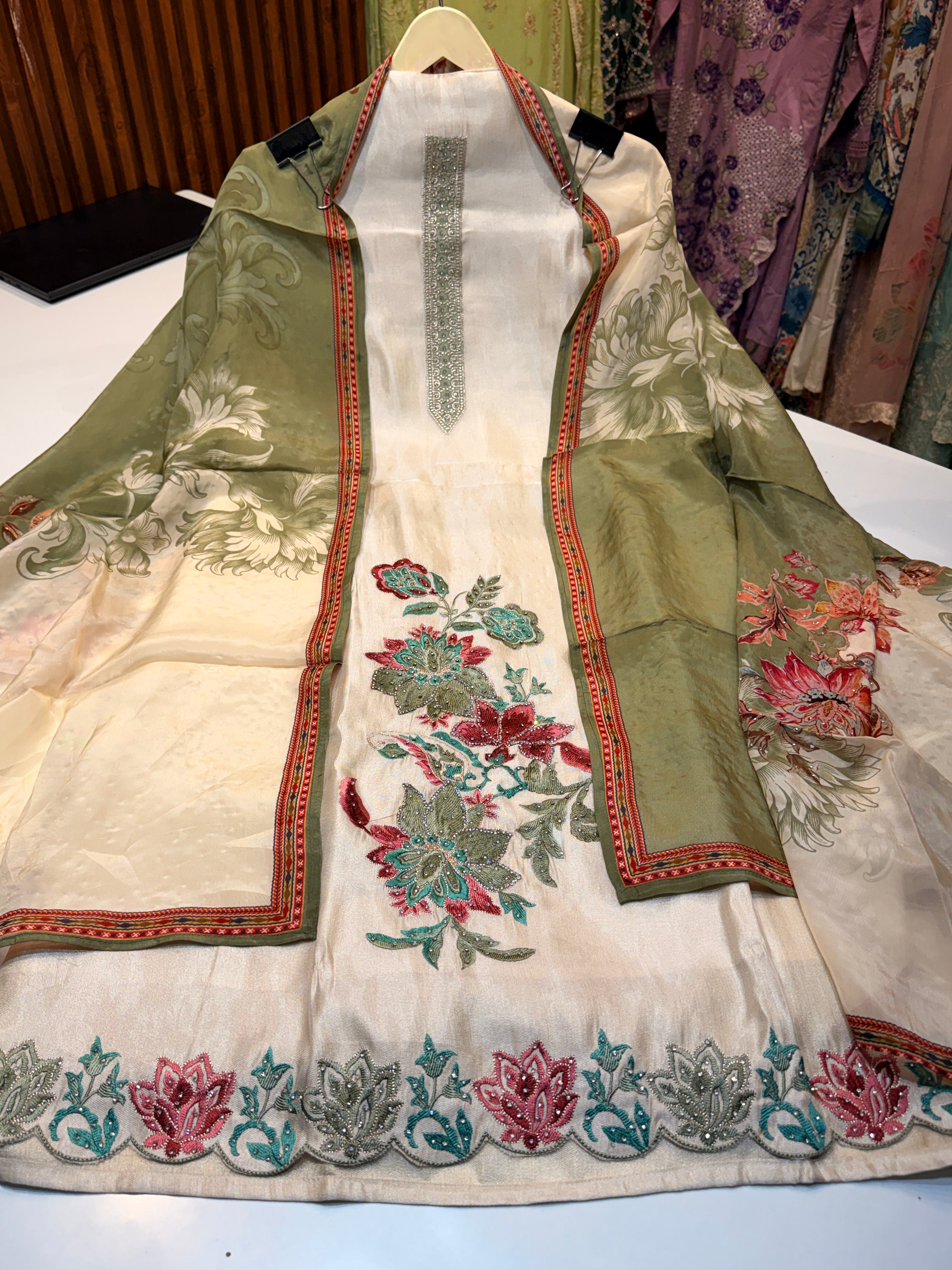 Product code(1751)Pure shimmer silk with handwork & digital printed handwork duppatta