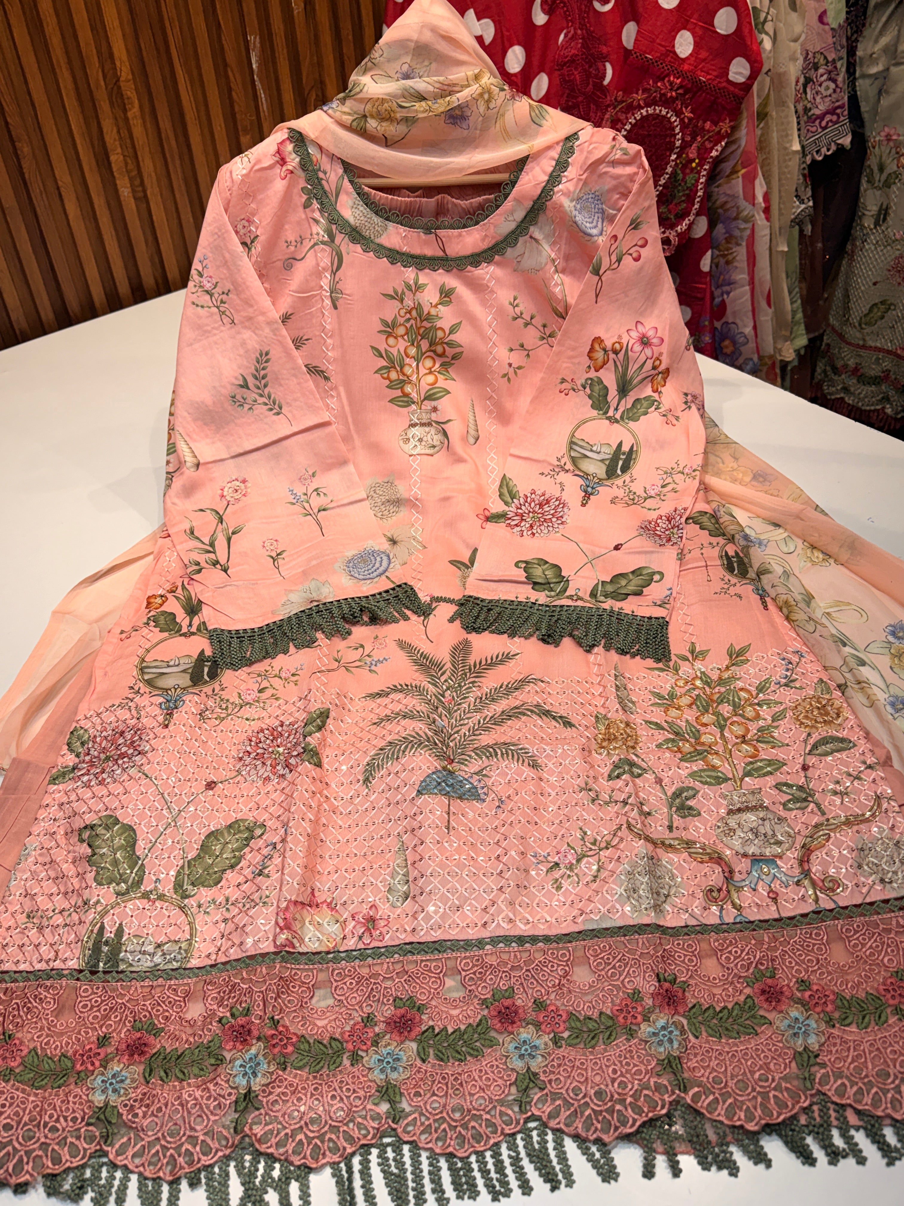 Pure cotton readymade Karachi collection with heavy patch work & pure chiffon digital printed dupatta