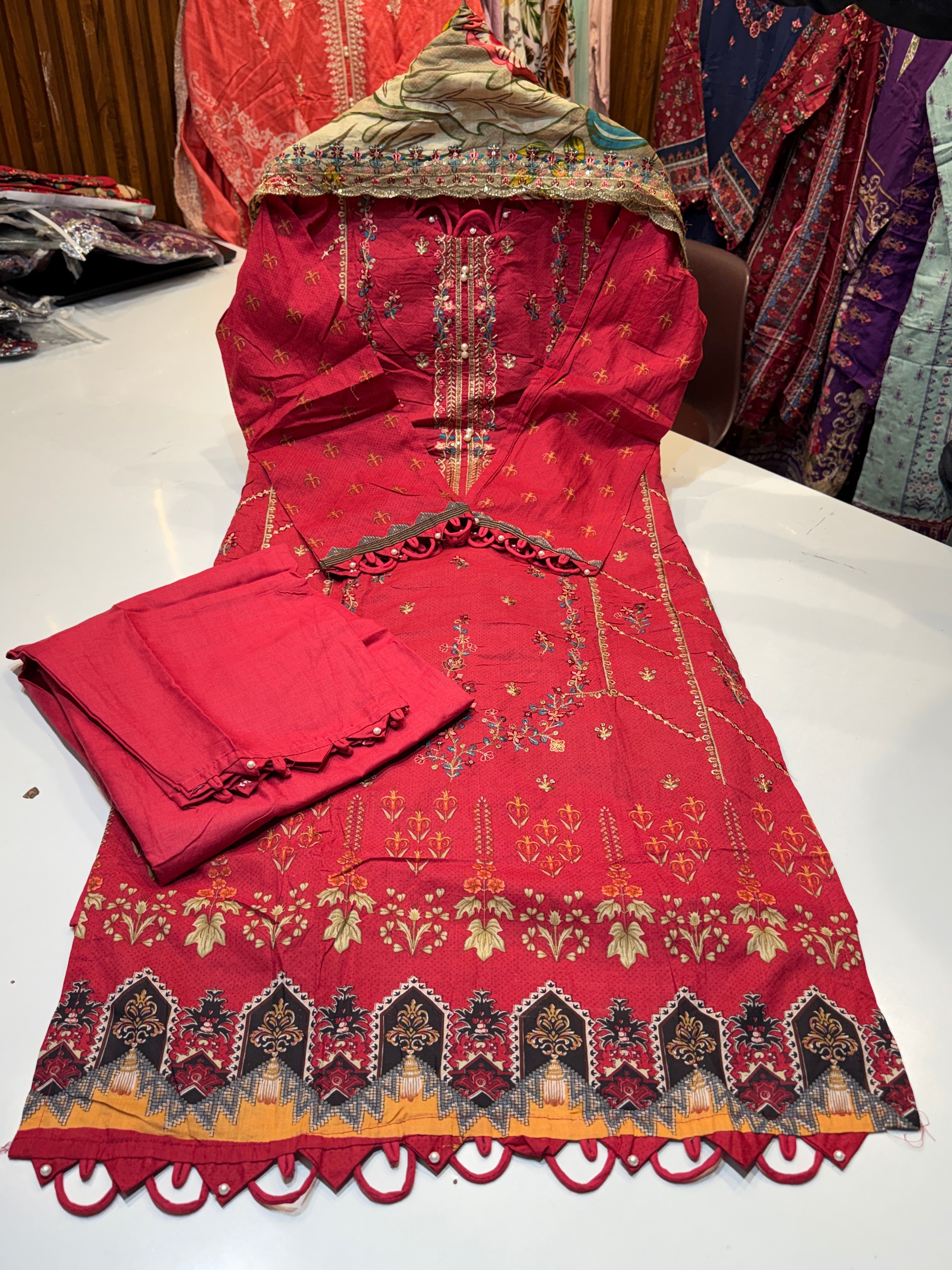 Product code (1251)Pure cotton with with heavy embroidery & heavy cutwork dupatta with pant