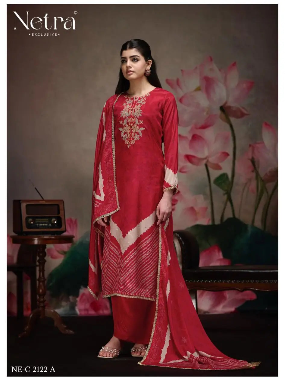 🏷️PRODUCT CODE:-(Netra)Summer Collection features an unstitched pure Bemberg muslin ￼