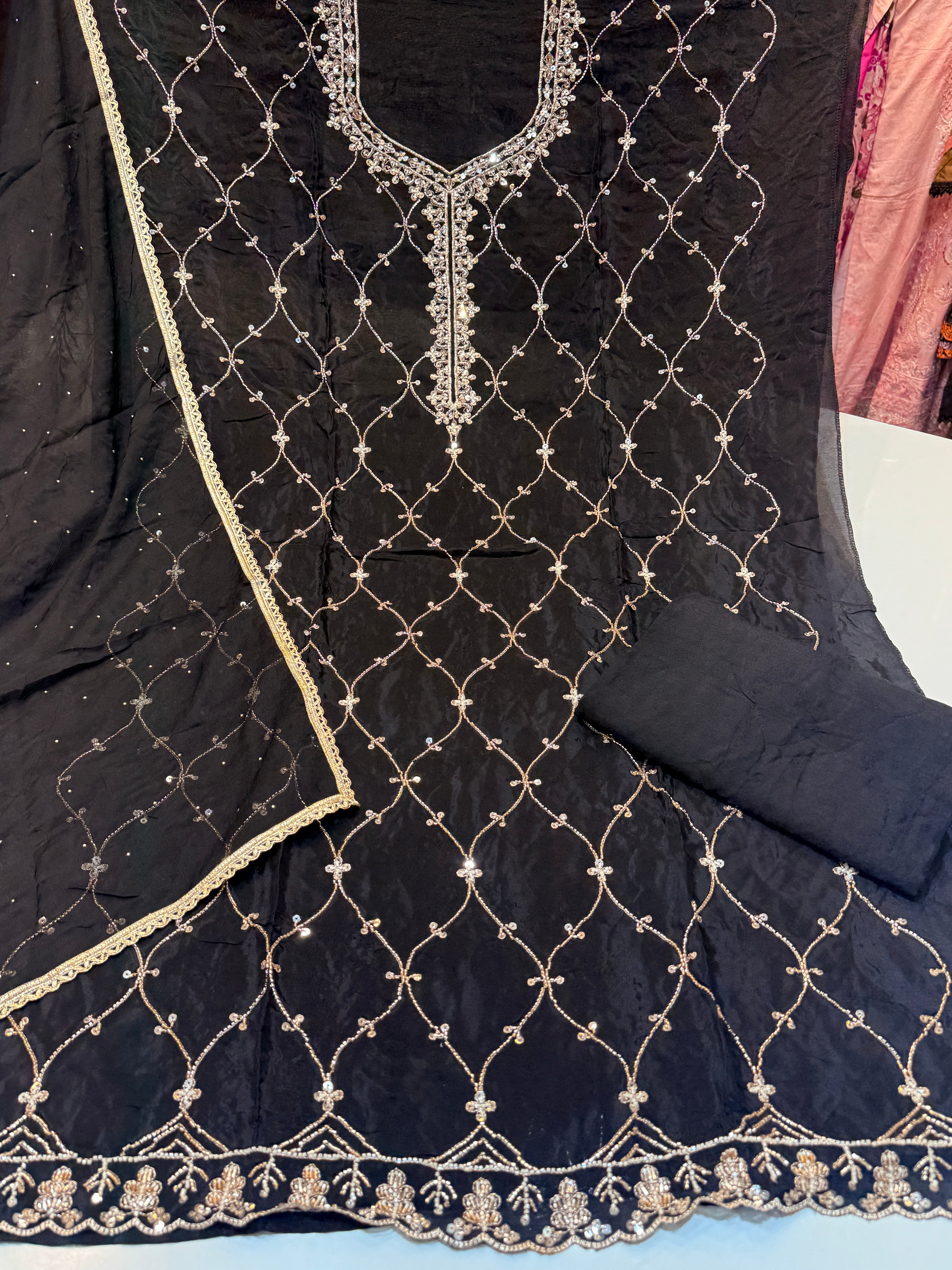 Pure Glass organza with heavy handwork kameez & pure chiffon lace work duppatta