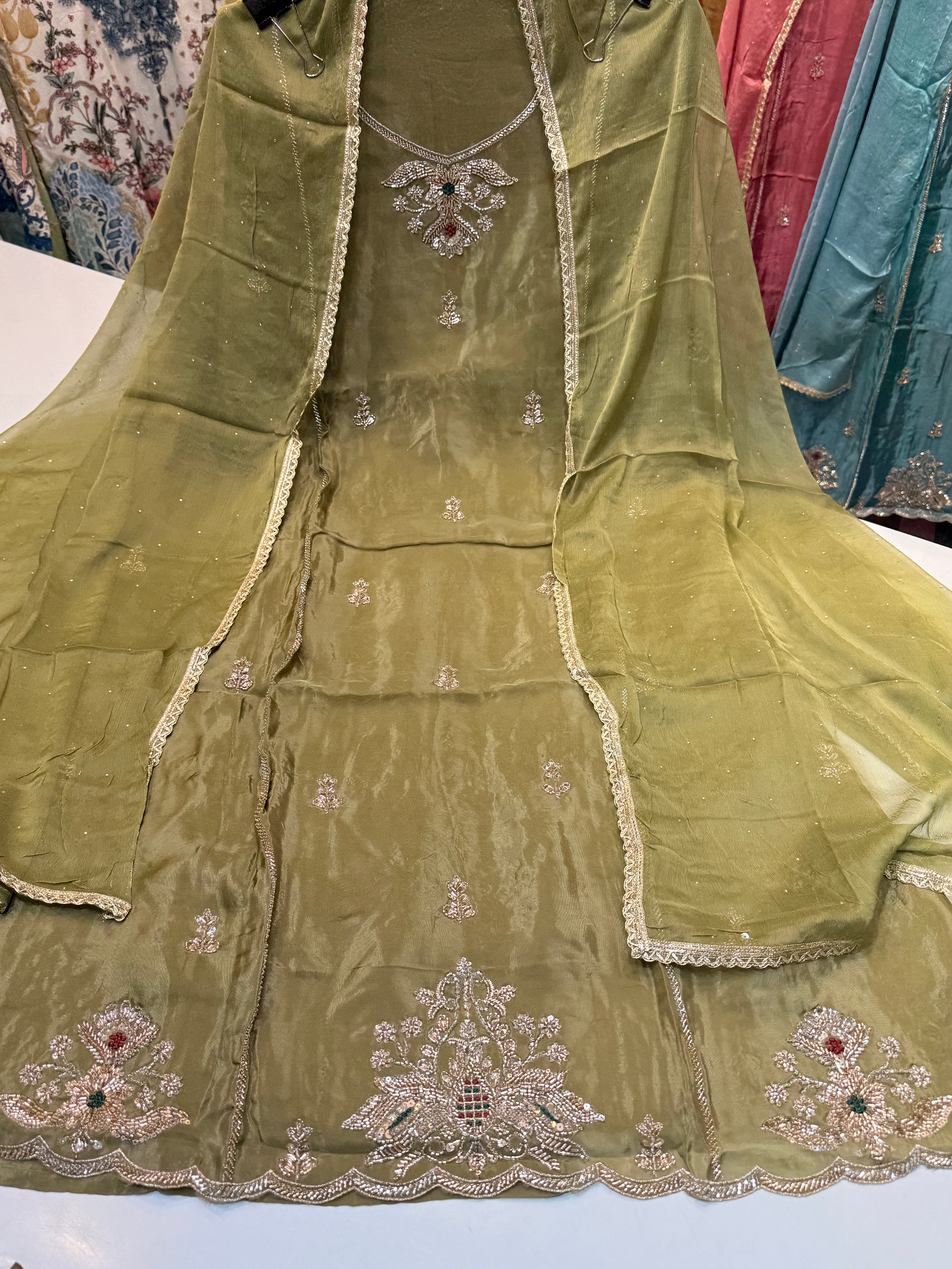 Product code(1099)Pure Glass organza with handwork & pure chiffon dupatta