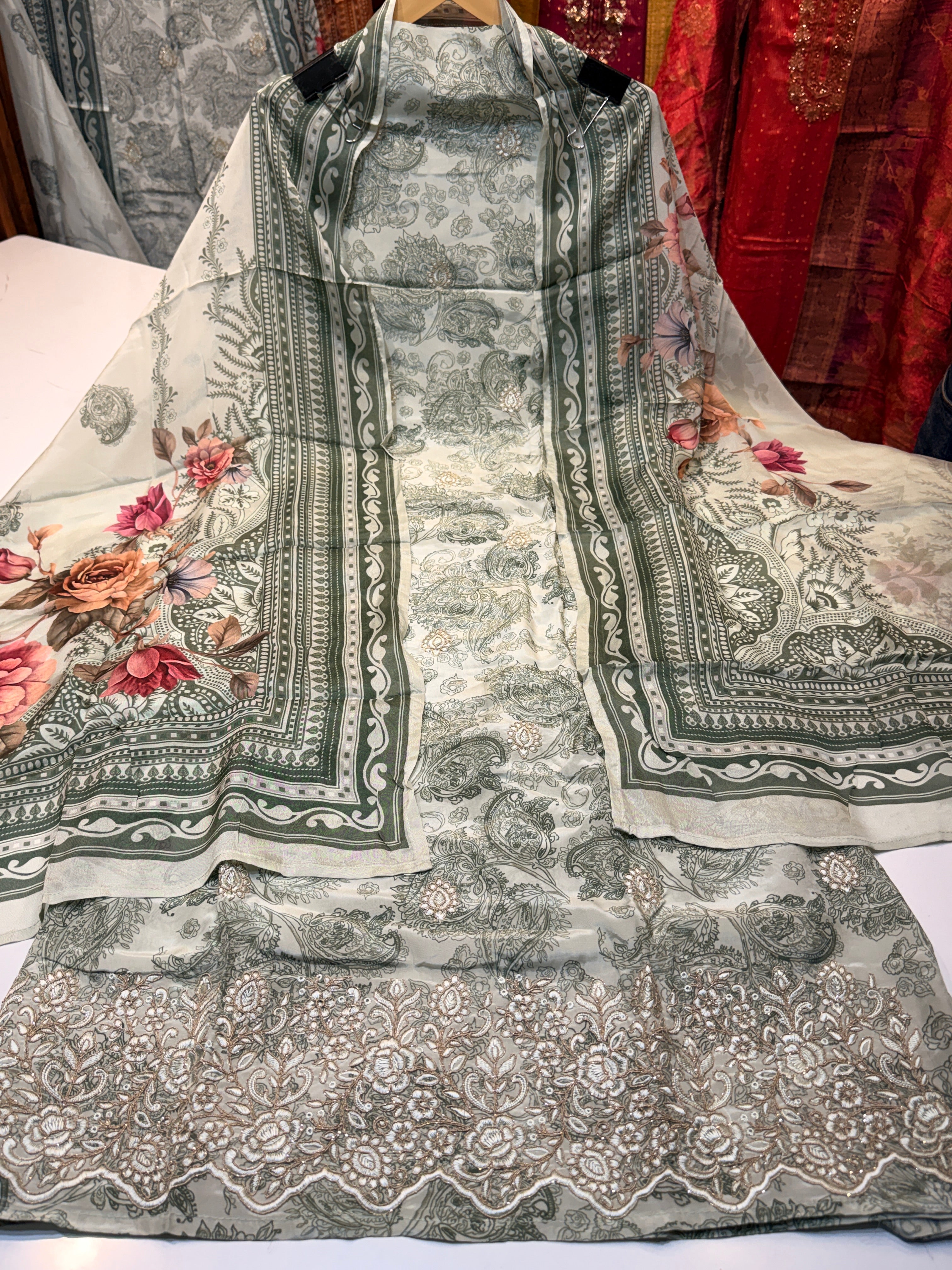 🏷️Product code:-(C-1401)Pure natural crape with digital print & elegance heavy work