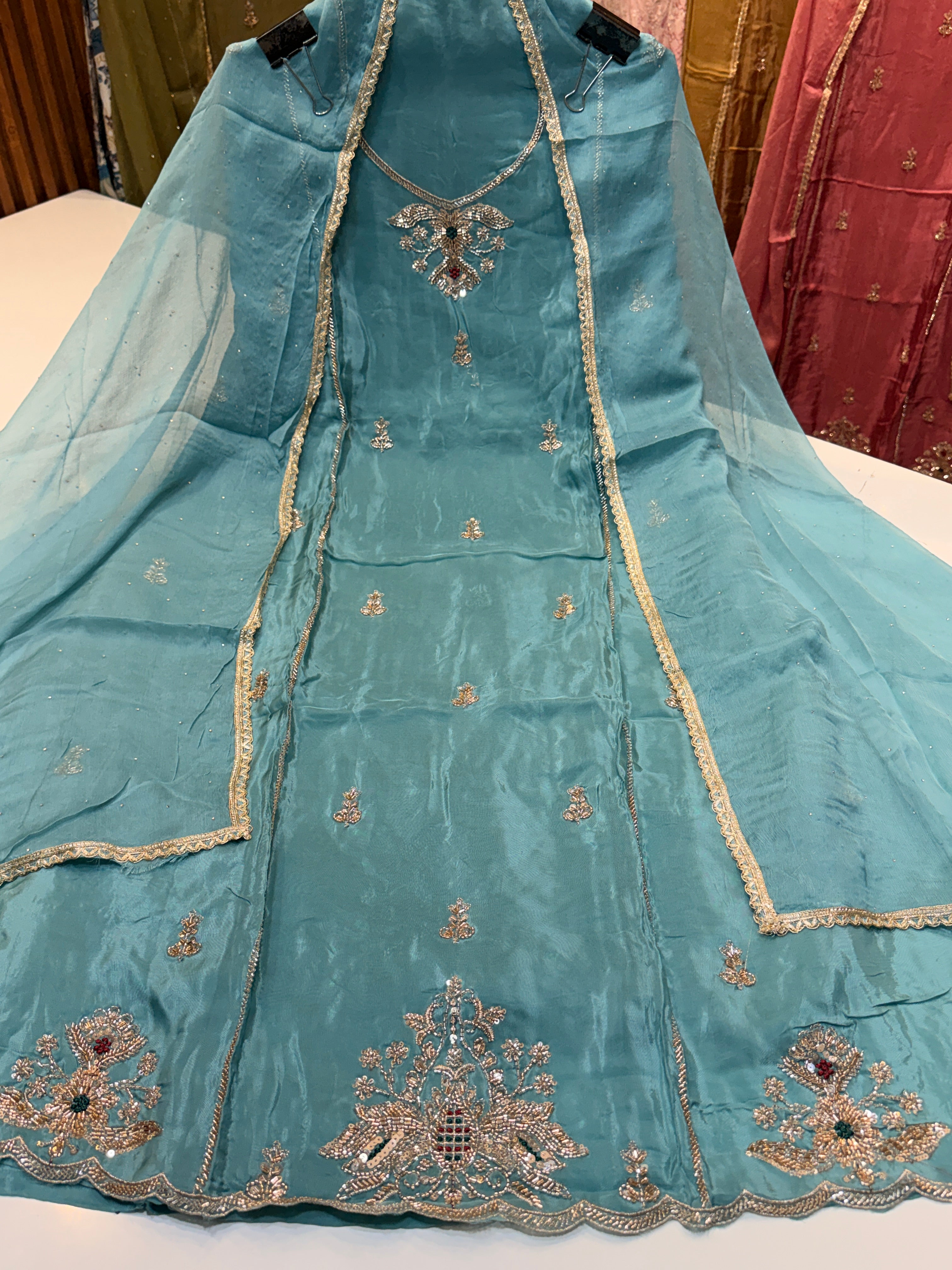 Product code(1099)Pure Glass organza with handwork & pure chiffon dupatta