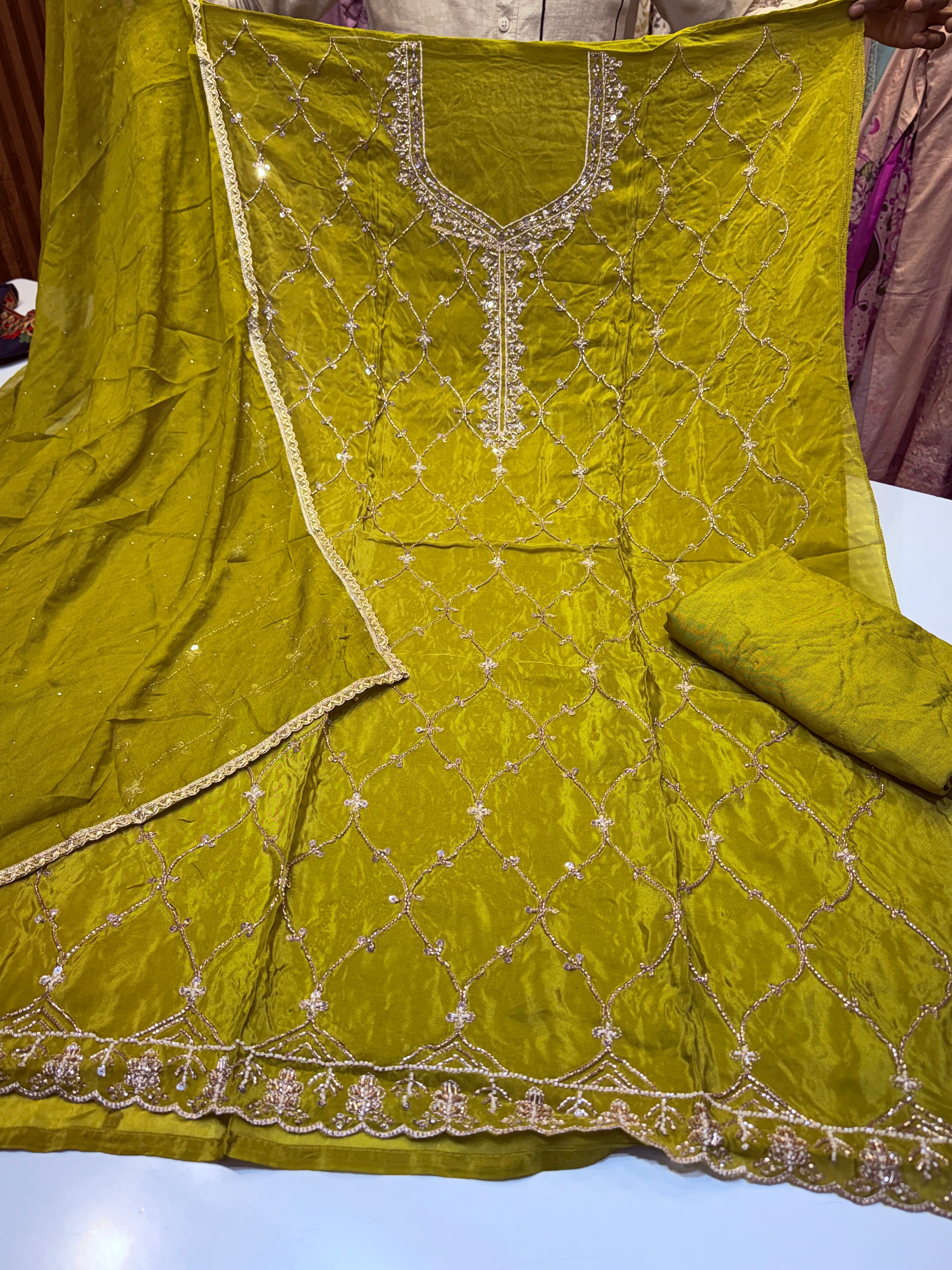 Pure Glass organza with heavy handwork kameez & pure chiffon lace work duppatta