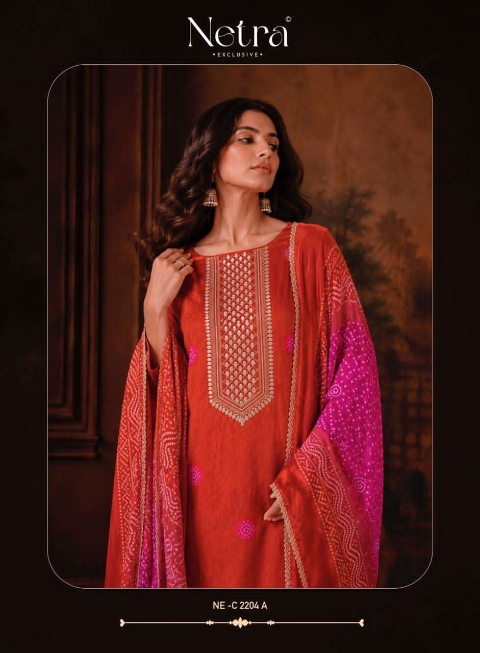 Product code:-(2001)Premium Pure Gajji Silk With Bandhani Print Or Embroidery Work And Fancy Lace Daman And Sleeves