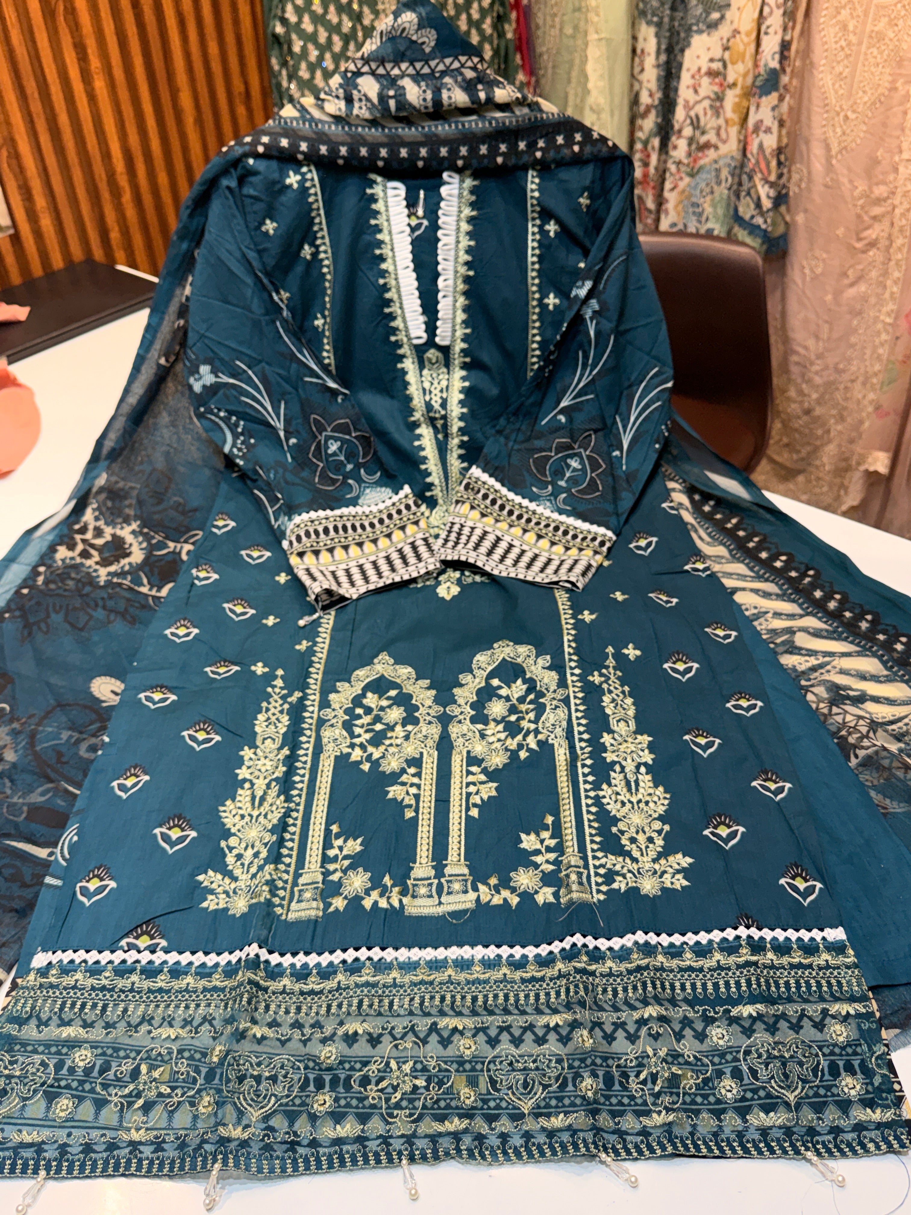 Product code (007)Pure cotton Karachi stitched suit with heavy embroidery & cotton & chiffon both duppatta