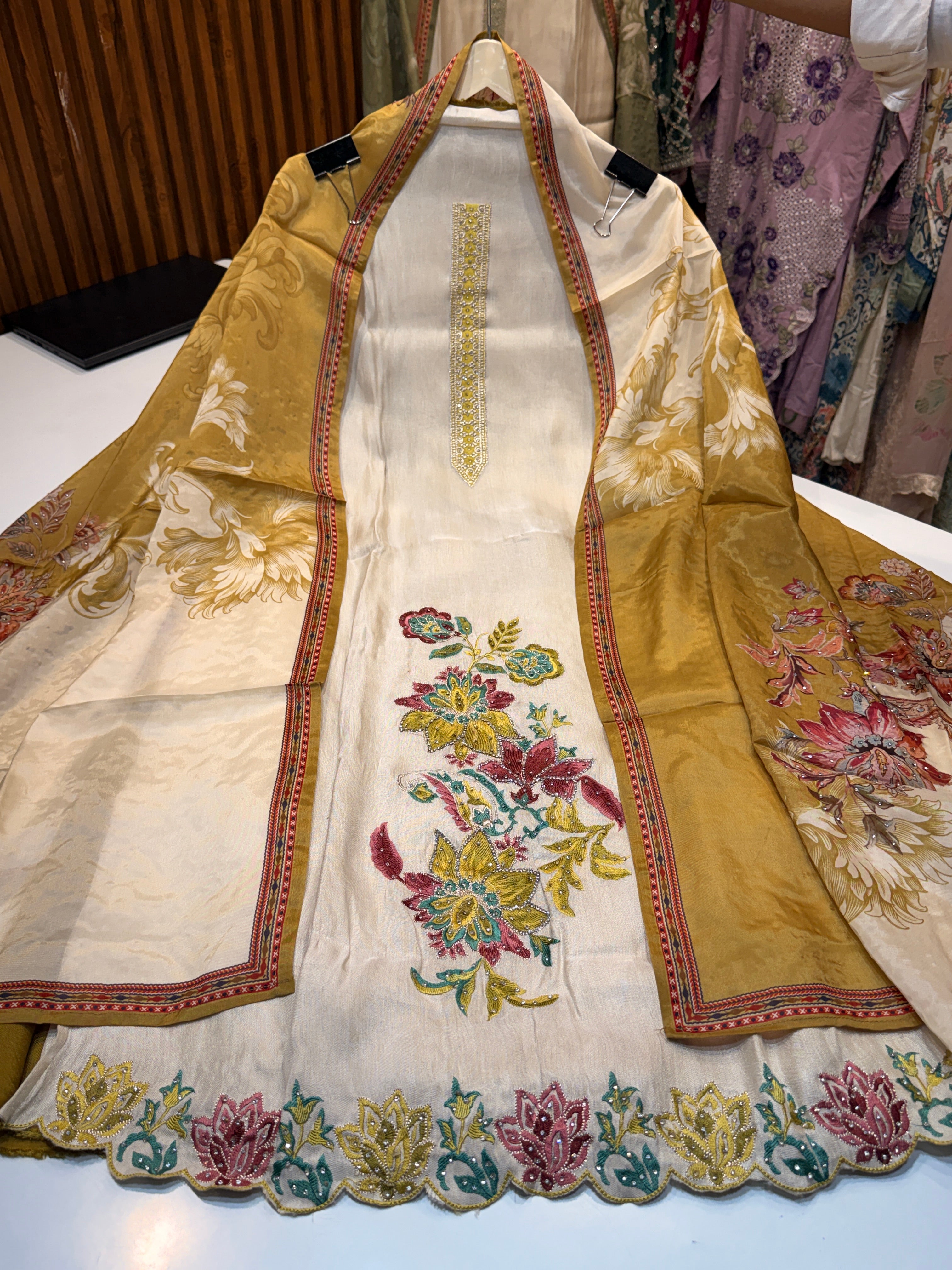 Product code(1751)Pure shimmer silk with handwork & digital printed handwork duppatta