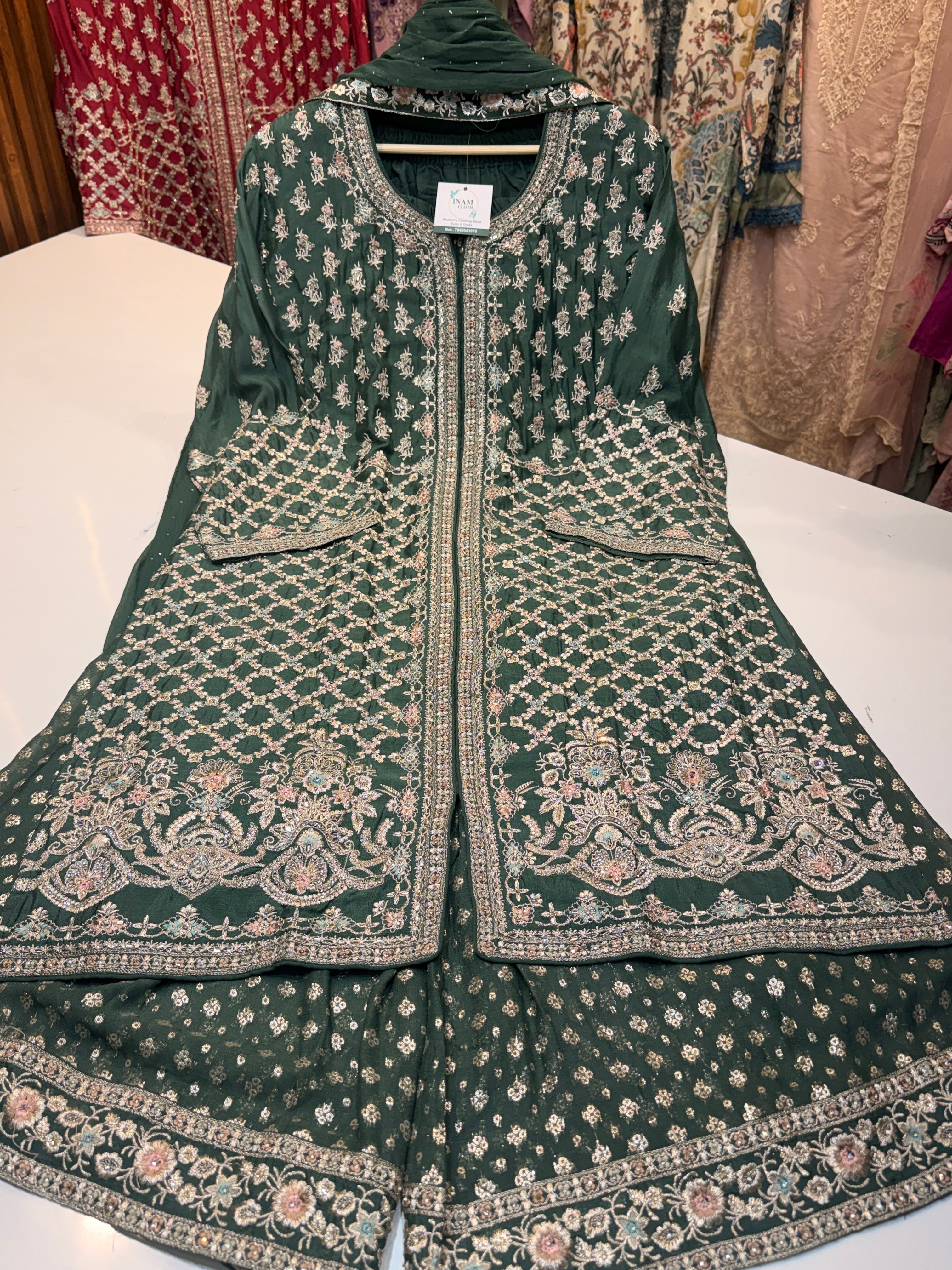 (3501) pure chinon heavy ZARKAN work dress with Banarasi plazo & pure chiffon dupatta