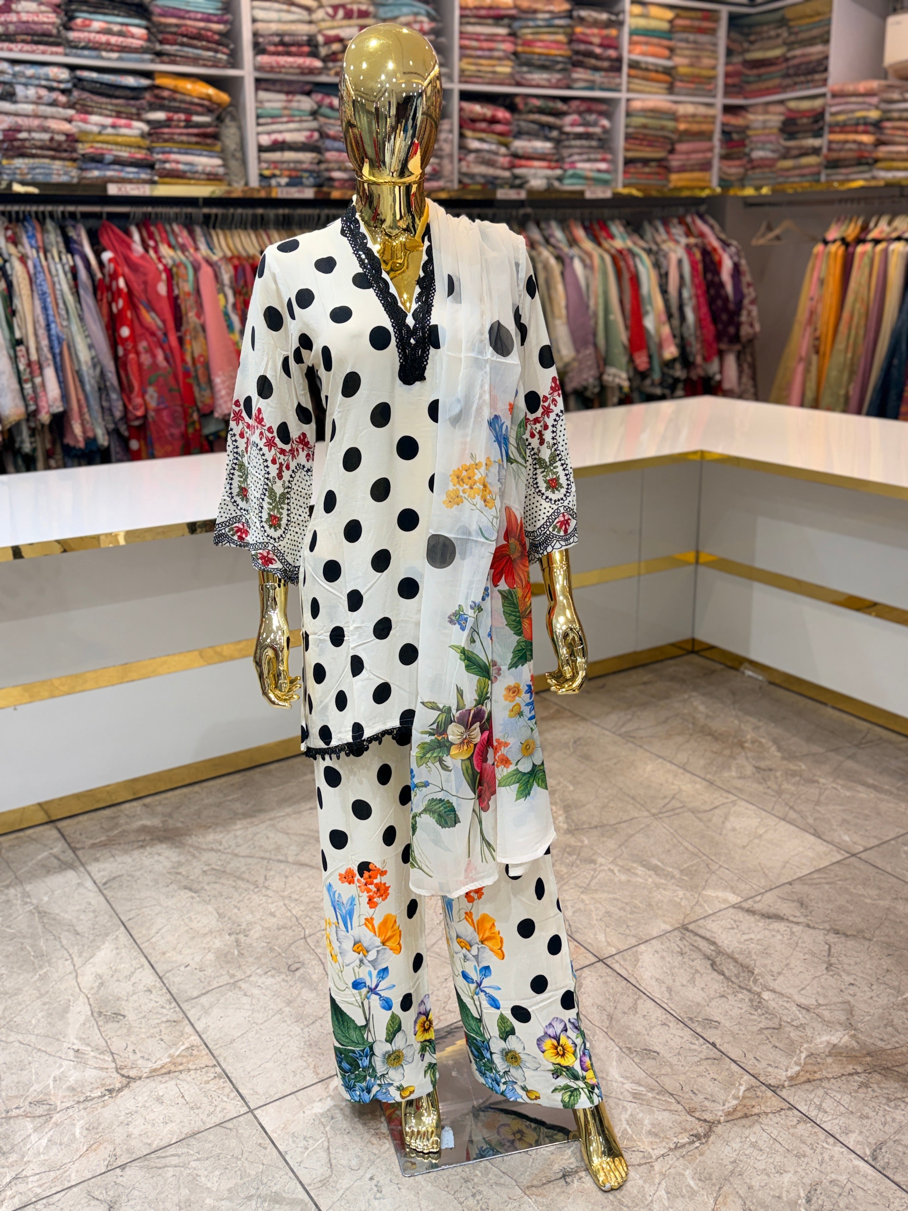 Viral polka dott designs suit with printed plazo & chiffon digital printed dupatta