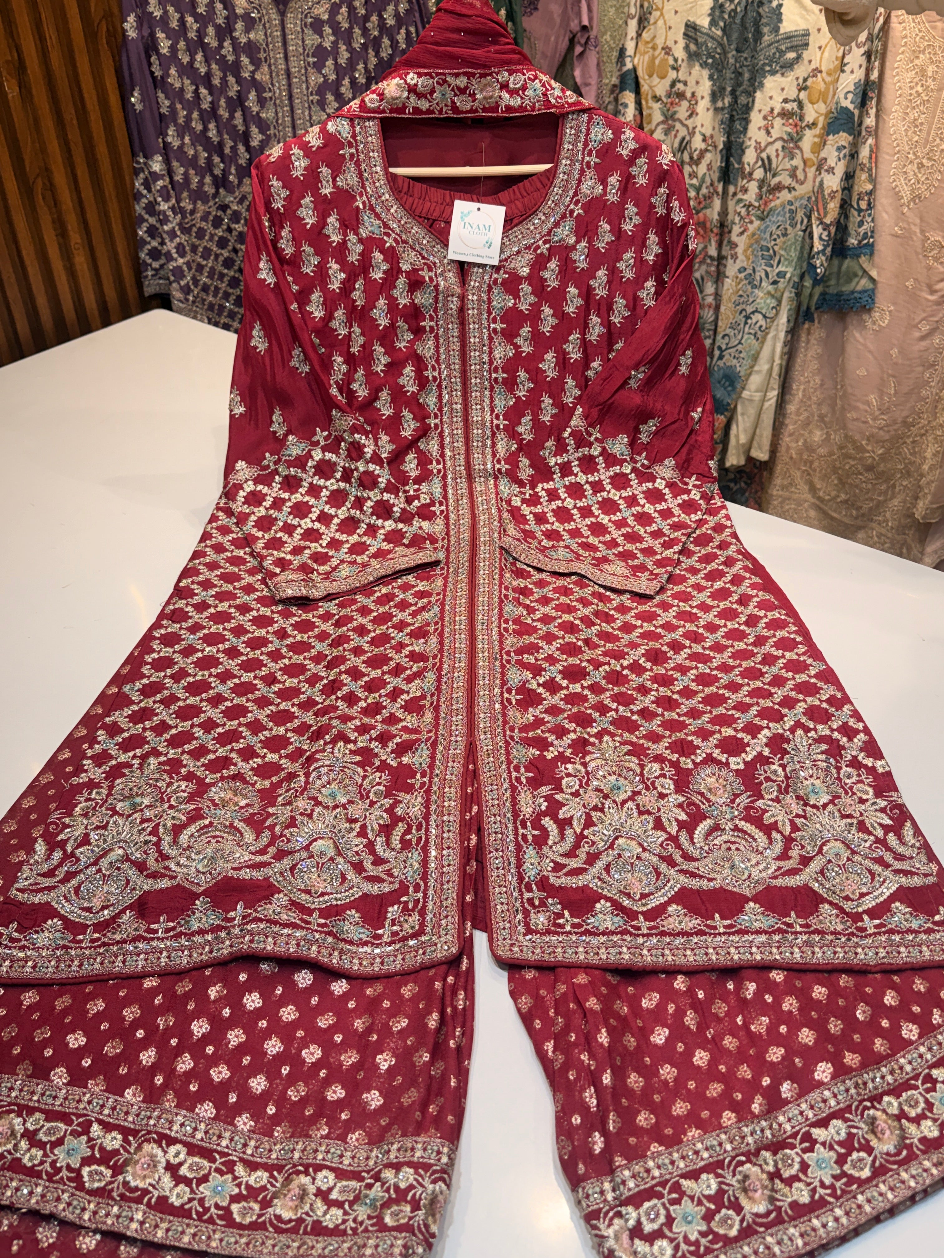 (3501) pure chinon heavy ZARKAN work dress with Banarasi plazo & pure chiffon dupatta