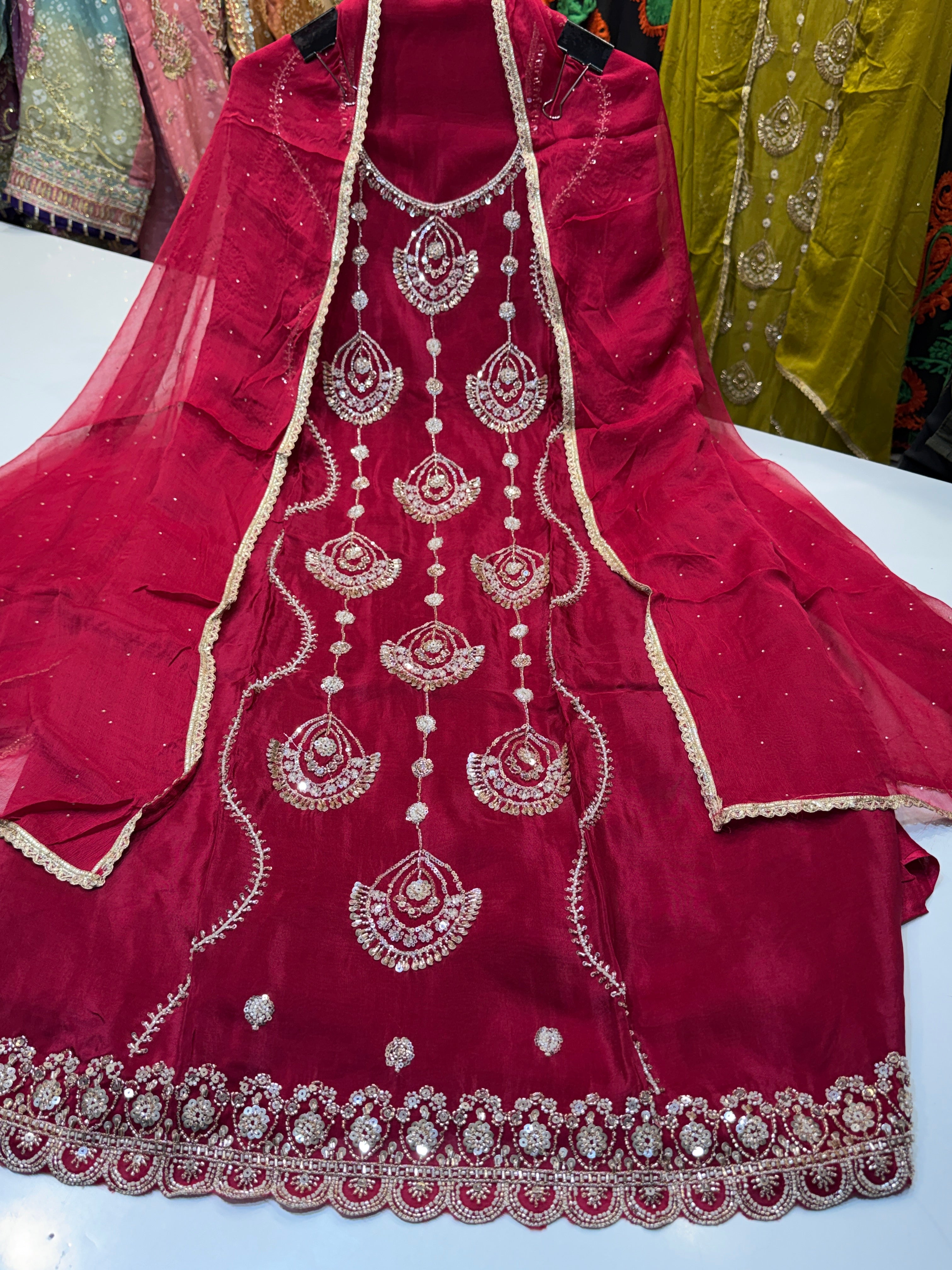 Product code:-(1251)Pure Glass organza heavy handwork suit with pure chiffon dupatta