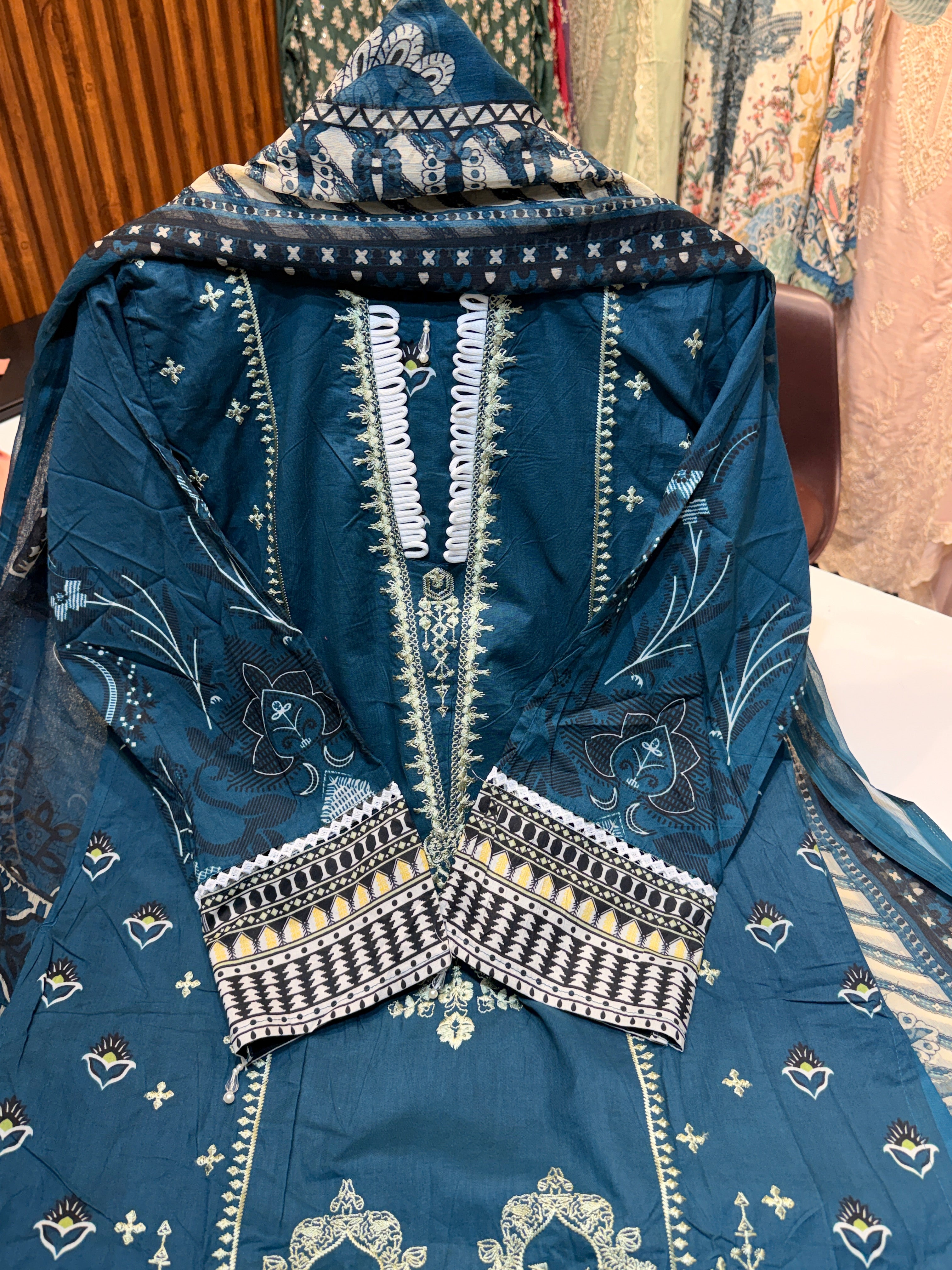 Product code (007)Pure cotton Karachi stitched suit with heavy embroidery & cotton & chiffon both duppatta