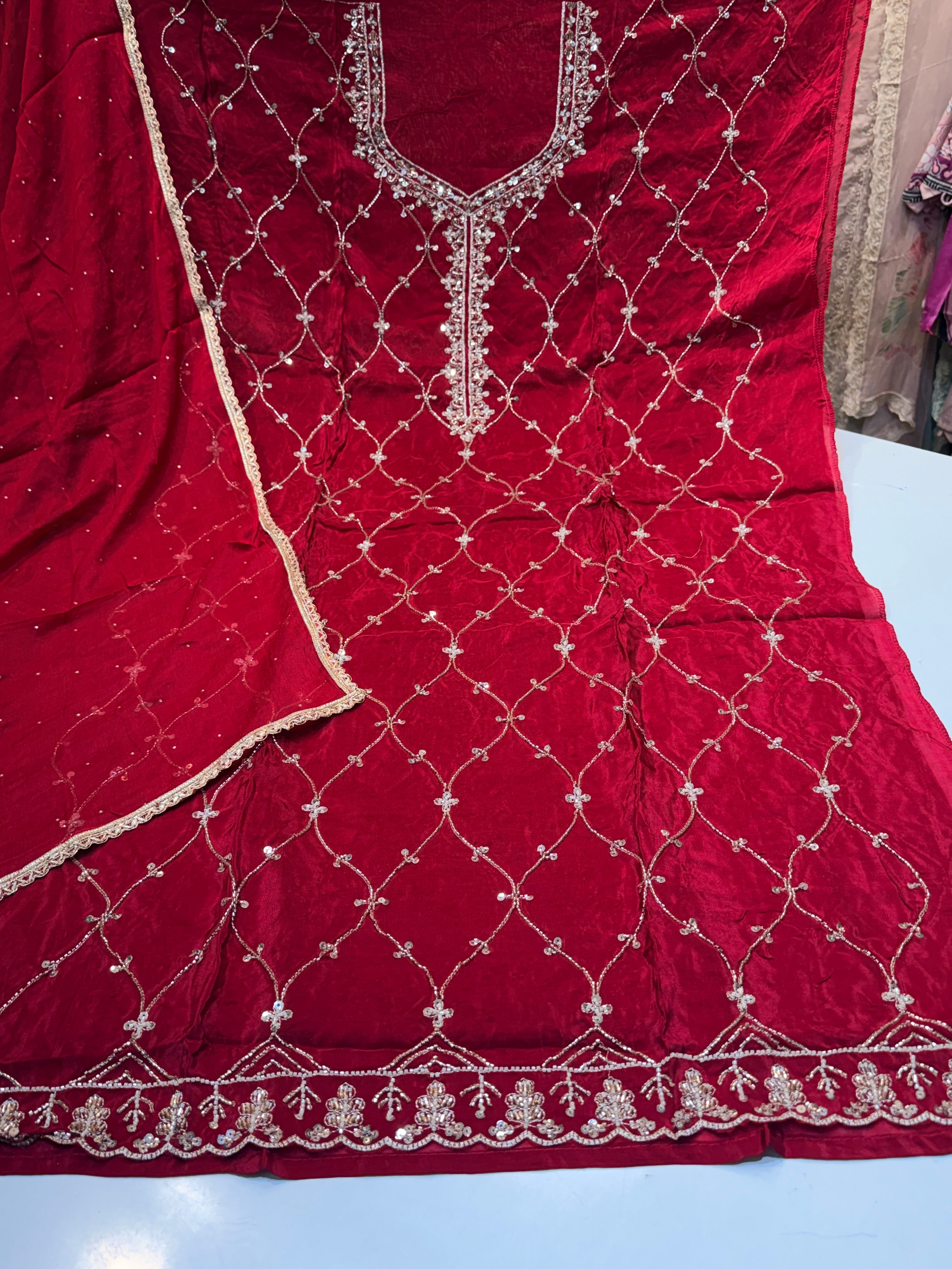 Pure Glass organza with heavy handwork kameez & pure chiffon lace work duppatta