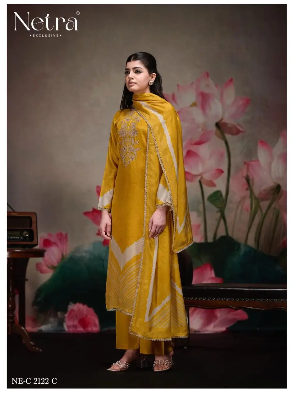 🏷️PRODUCT CODE:-(Netra)Summer Collection features an unstitched pure Bemberg muslin ￼