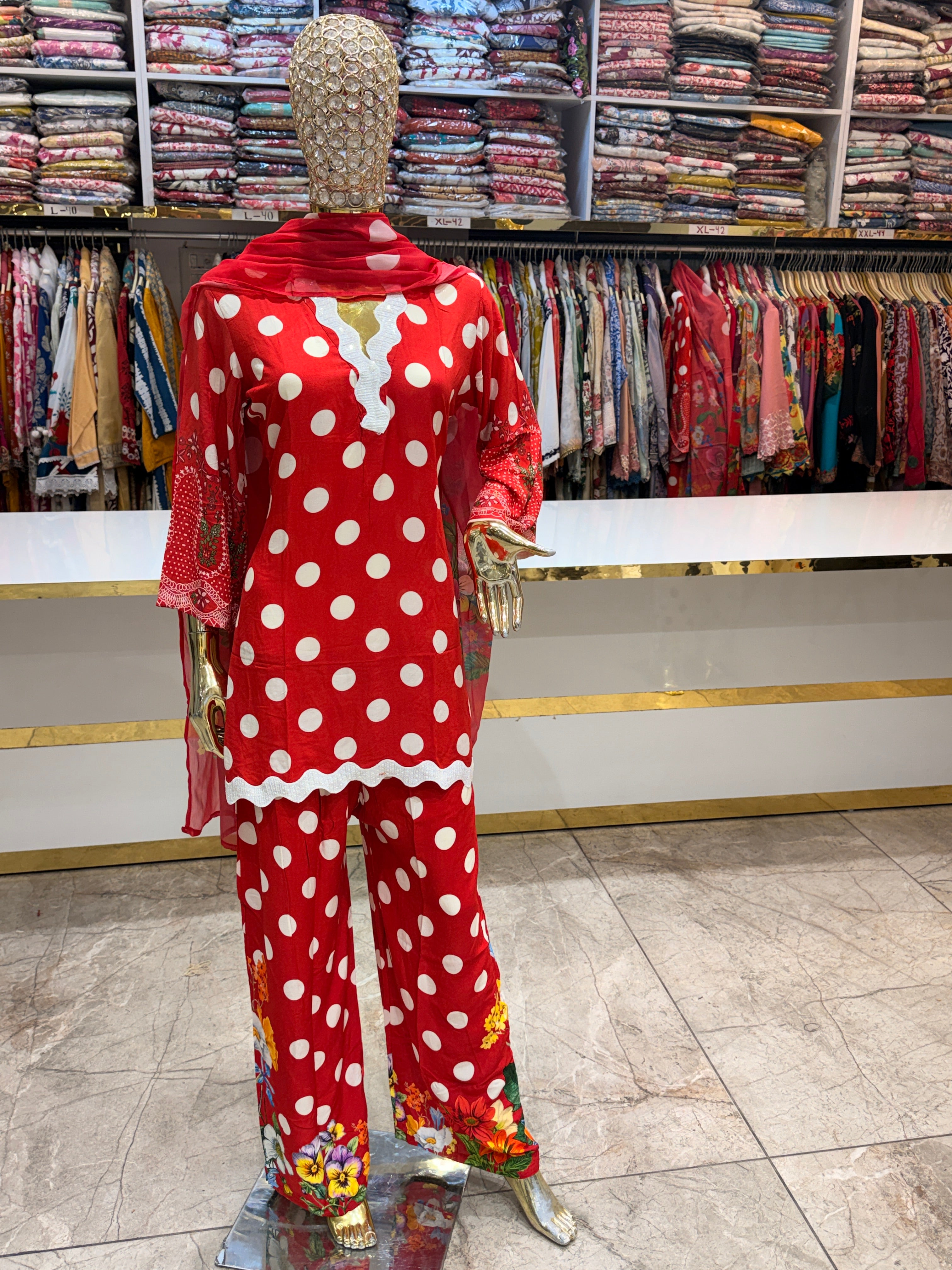 Viral polka dott designs suit with printed plazo & chiffon digital printed dupatta