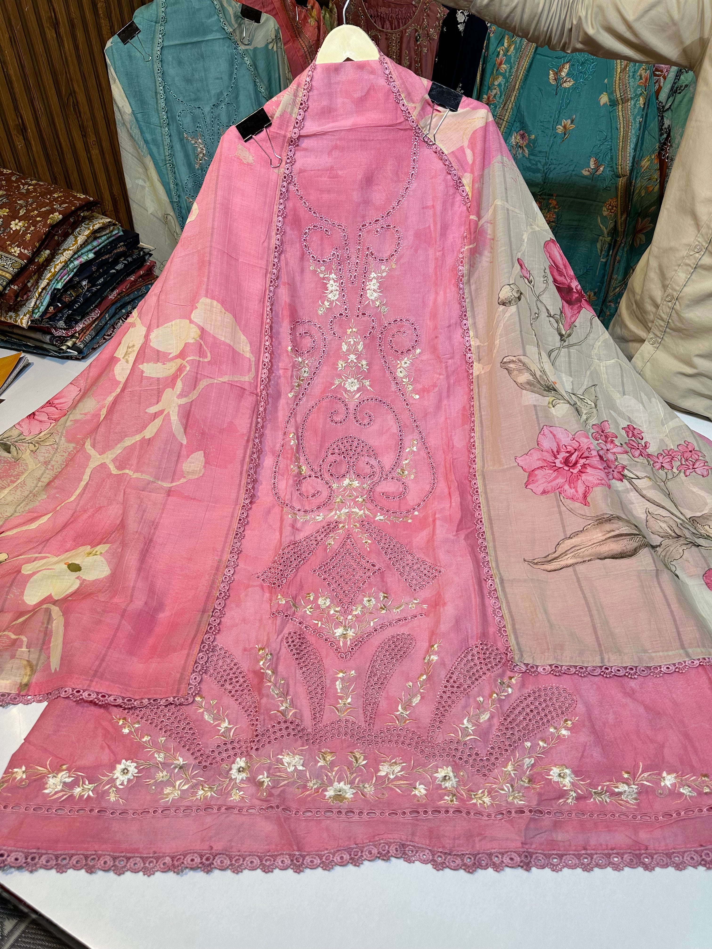 Pure mul chanderi with boring work & pure chiffon dupatta