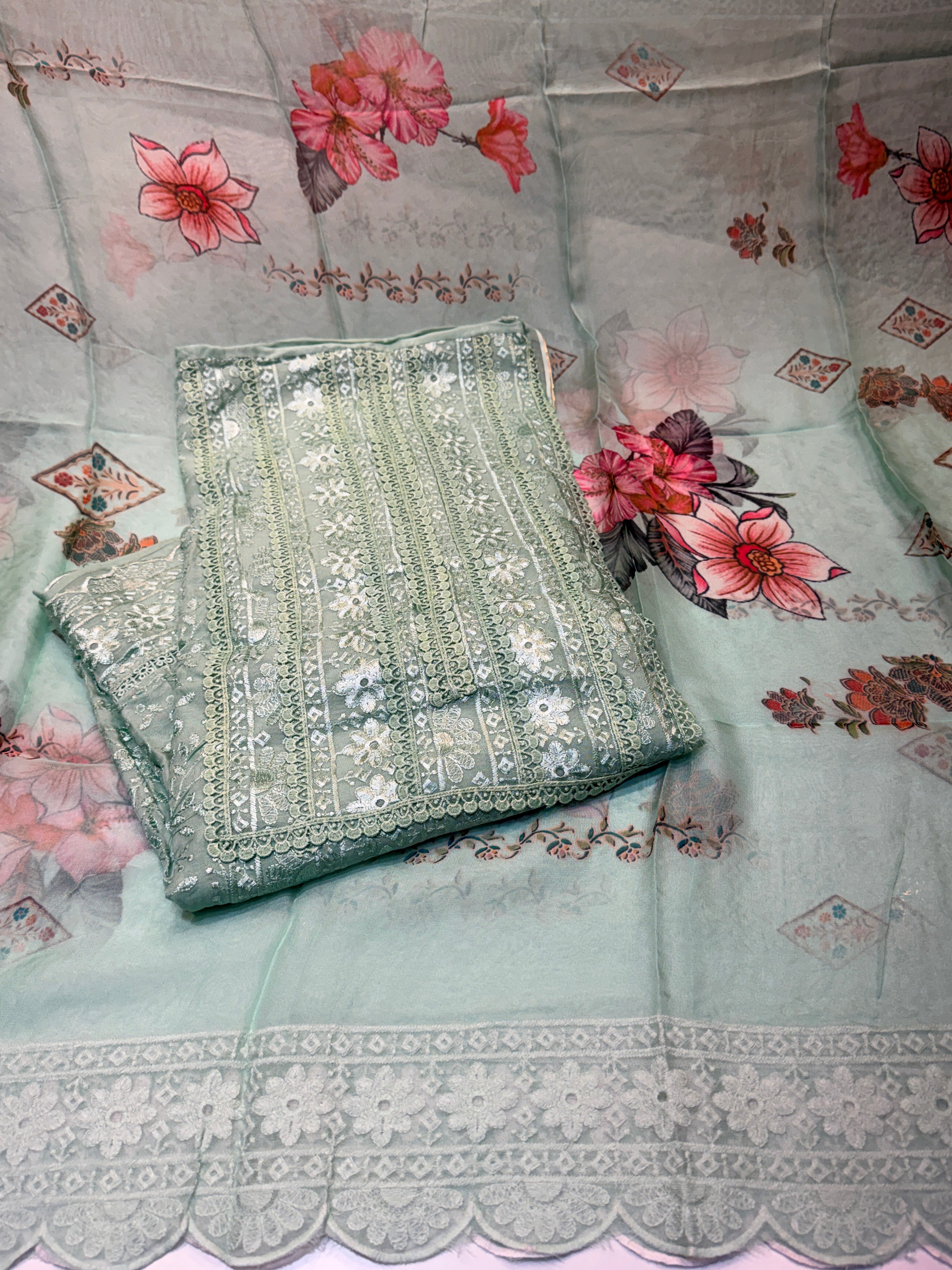 Product code:-(1301)Pure organza Karachi heavy embroidery work suit