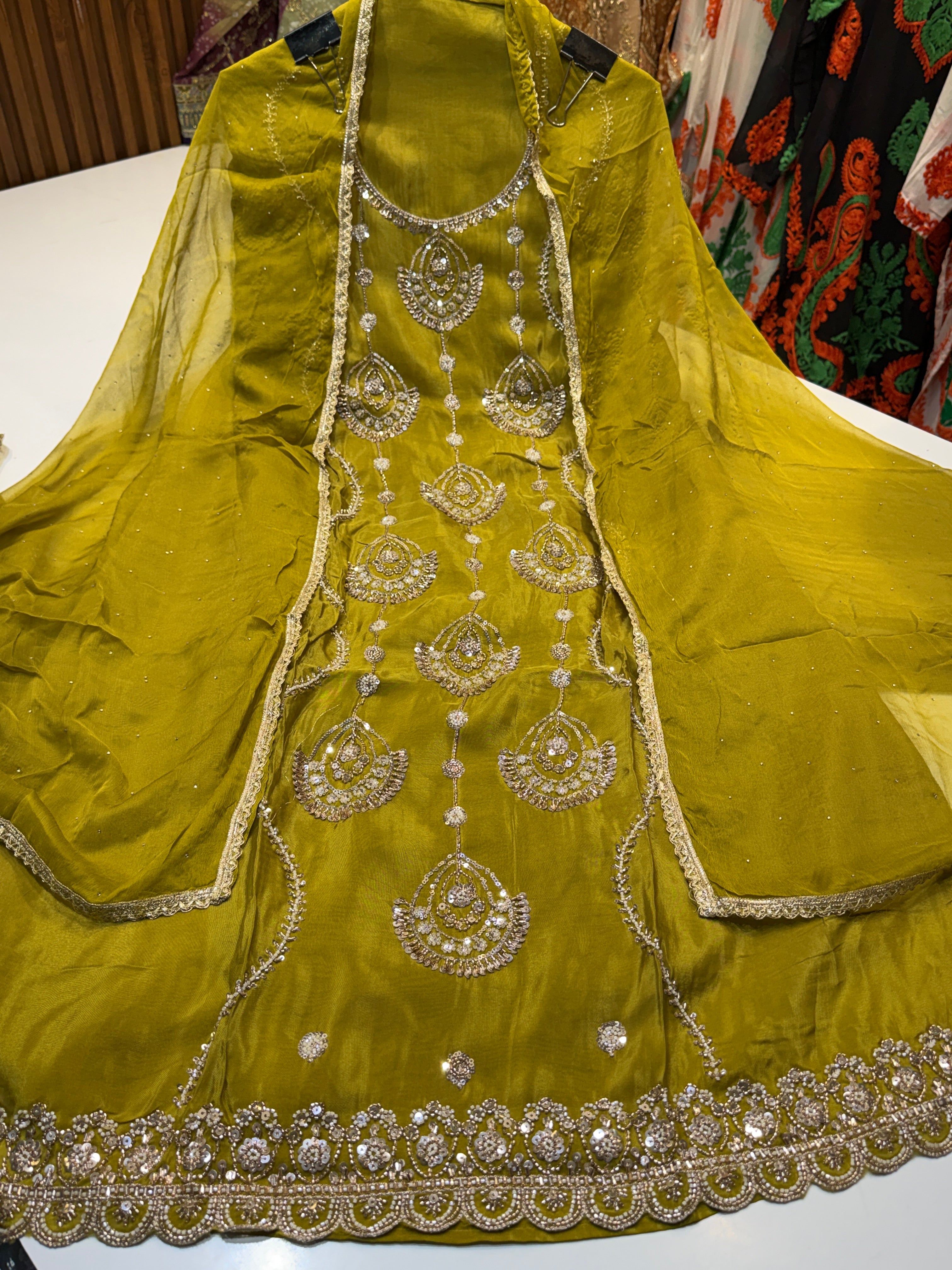 Product code:-(1251)Pure Glass organza heavy handwork suit with pure chiffon dupatta