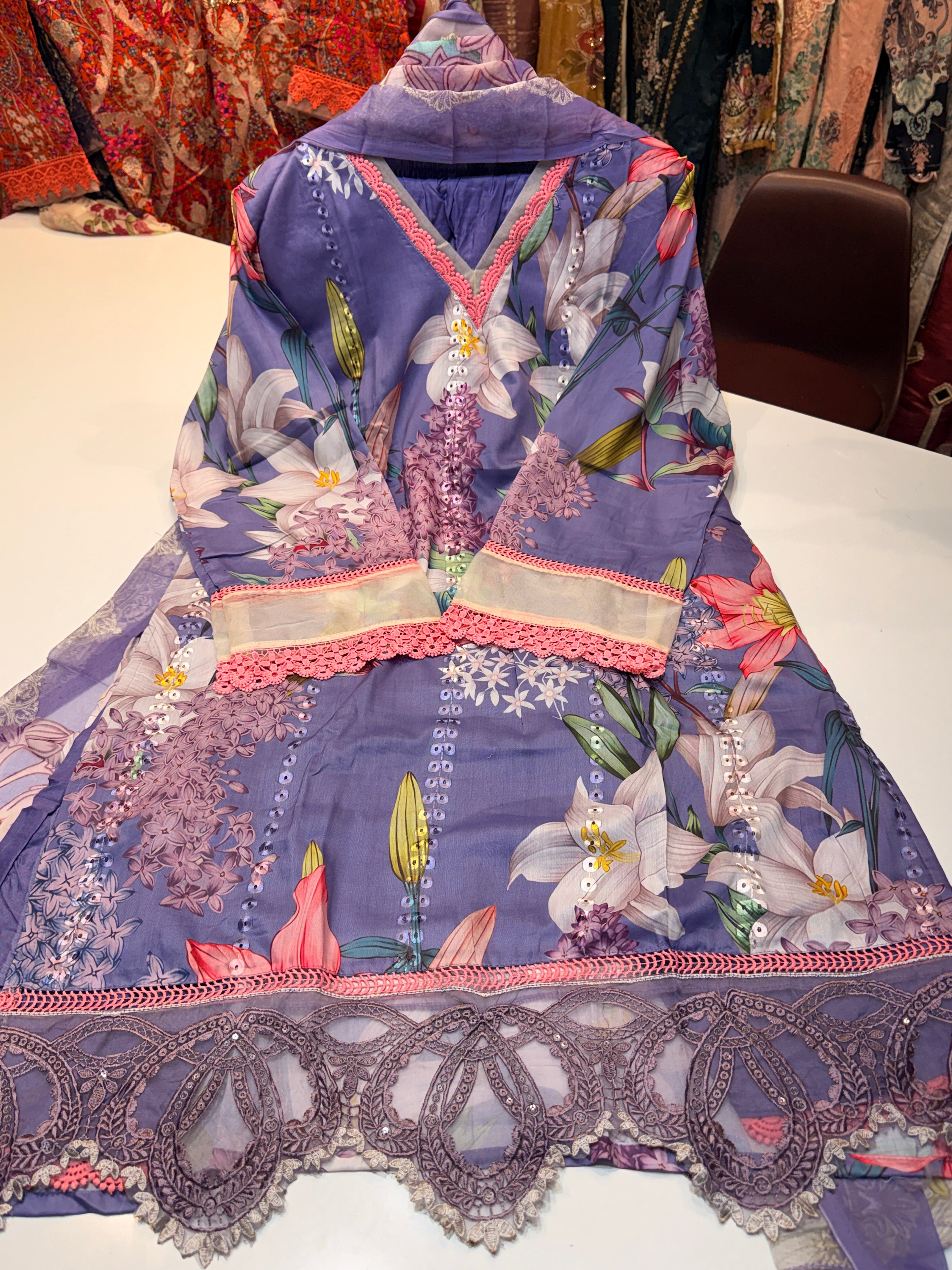 Pure cotton readymade Karachi collection with heavy patch work & pure chiffon digital printed dupatta