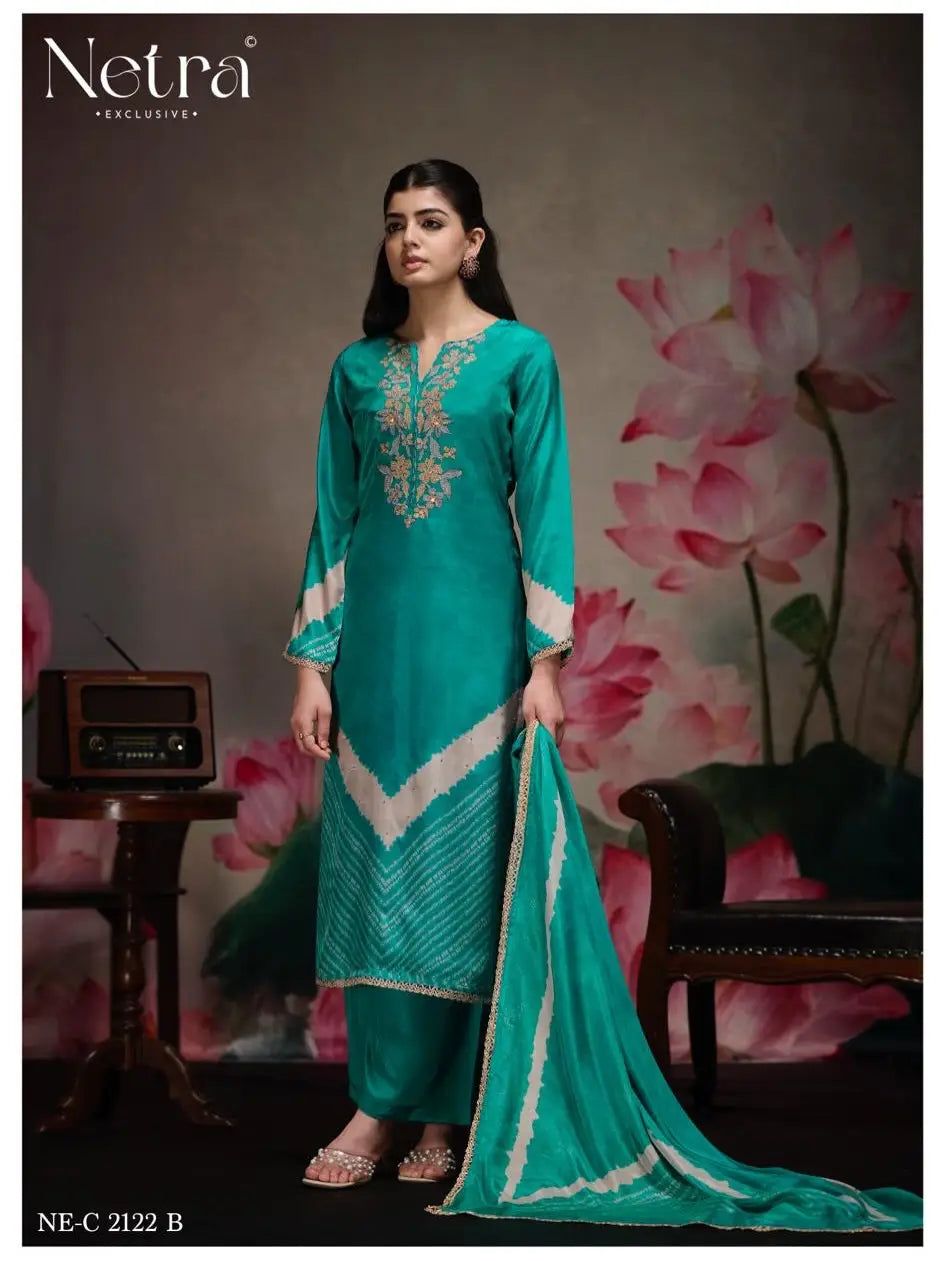 🏷️PRODUCT CODE:-(Netra)Summer Collection features an unstitched pure Bemberg muslin ￼