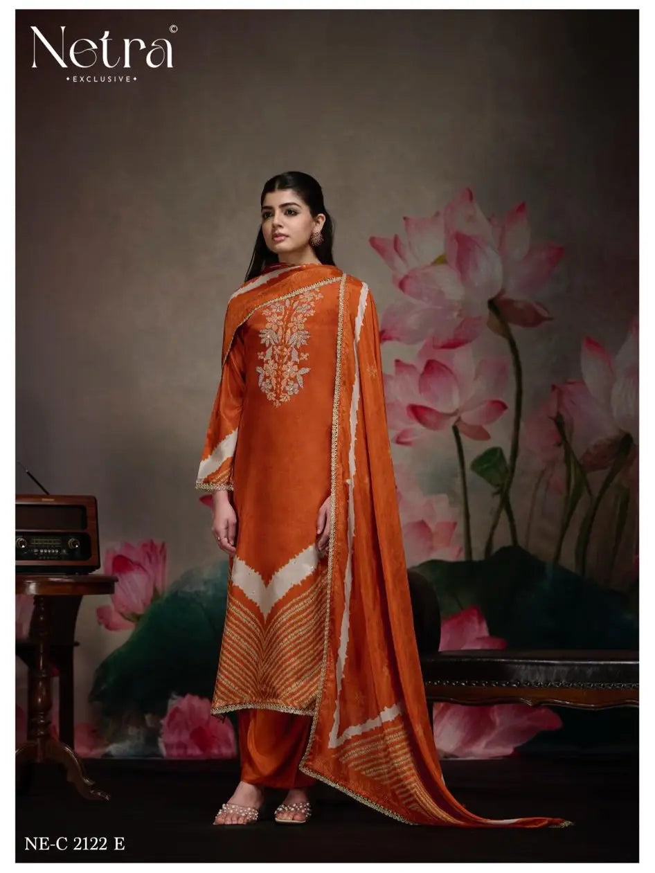 🏷️PRODUCT CODE:-(Netra)Summer Collection features an unstitched pure Bemberg muslin ￼