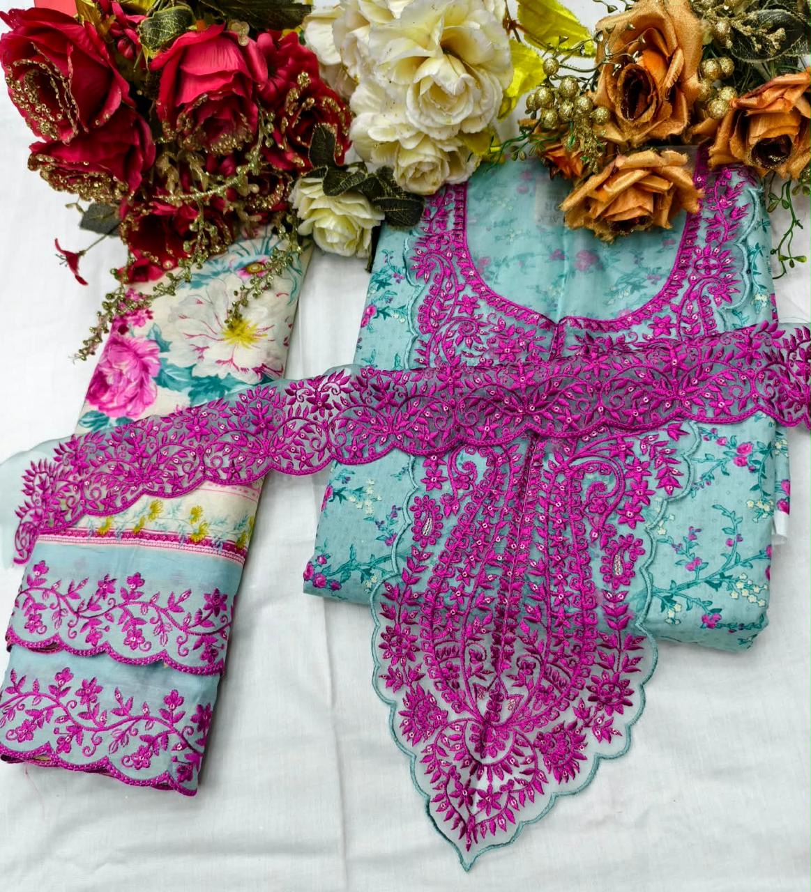 🏷️PRODUCT CODE:-(MAHNOOR) pure cotton suit with neck & Daman patch