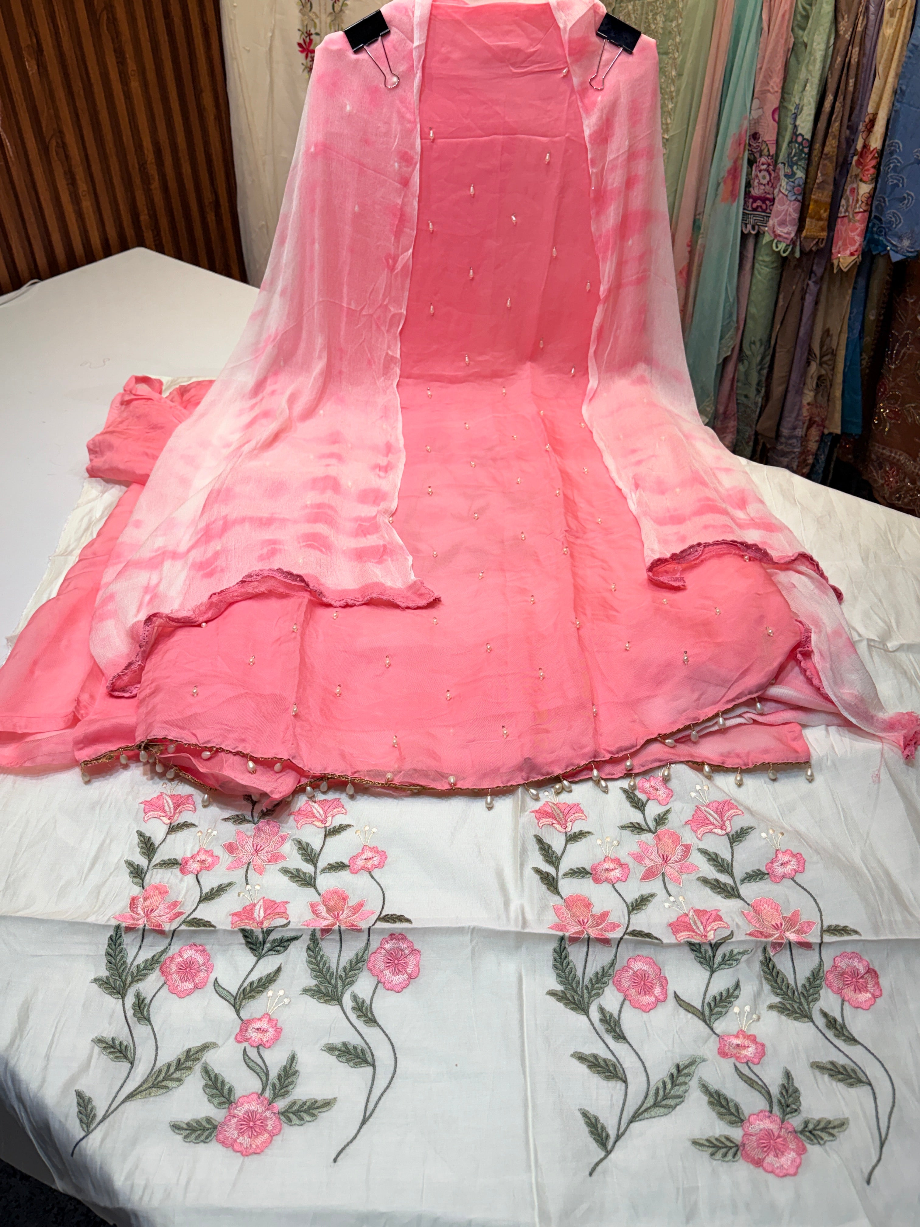 Pure organza handwork with bottom work suit with girlish look