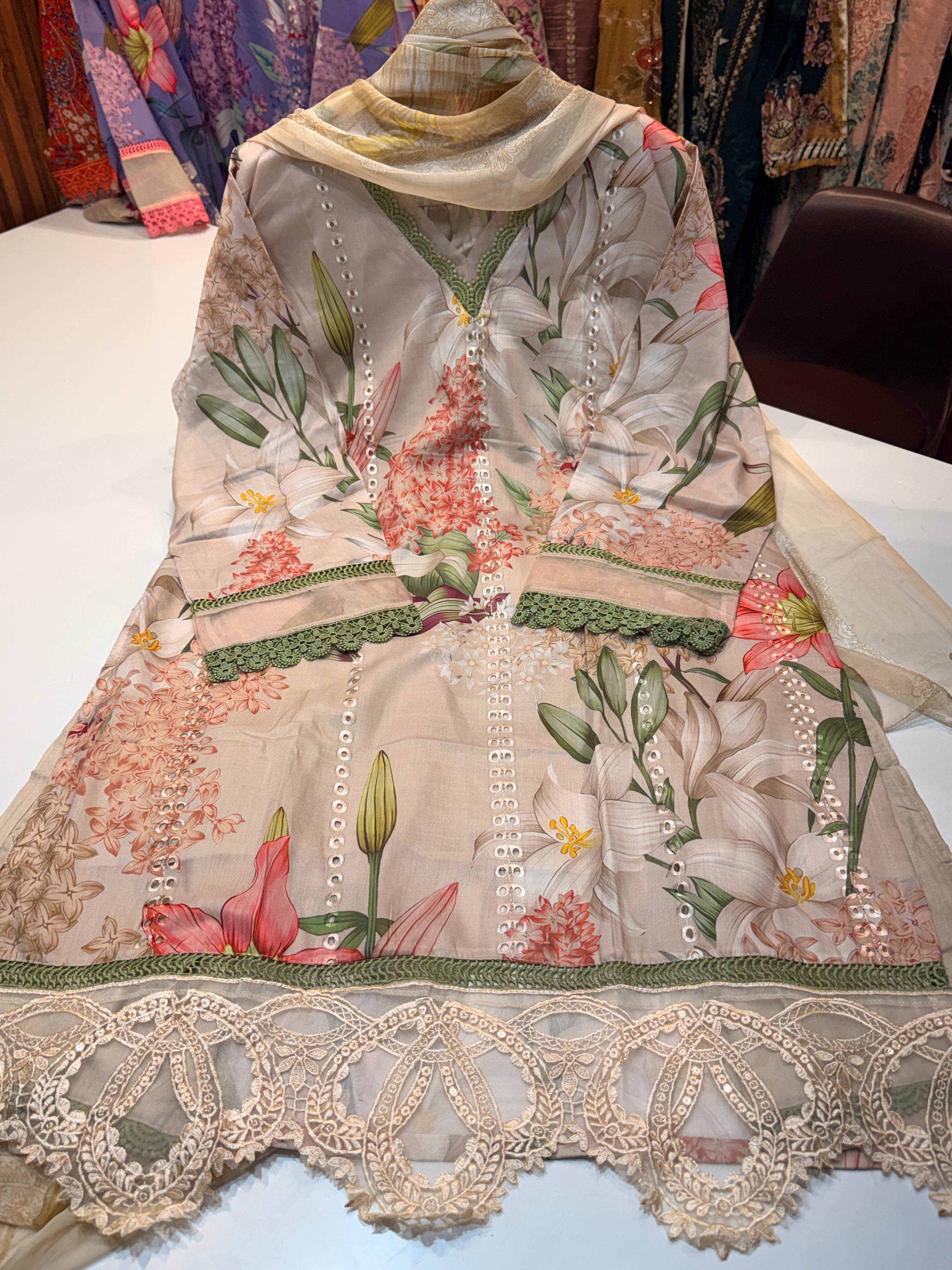 Pure cotton readymade Karachi collection with heavy patch work & pure chiffon digital printed dupatta
