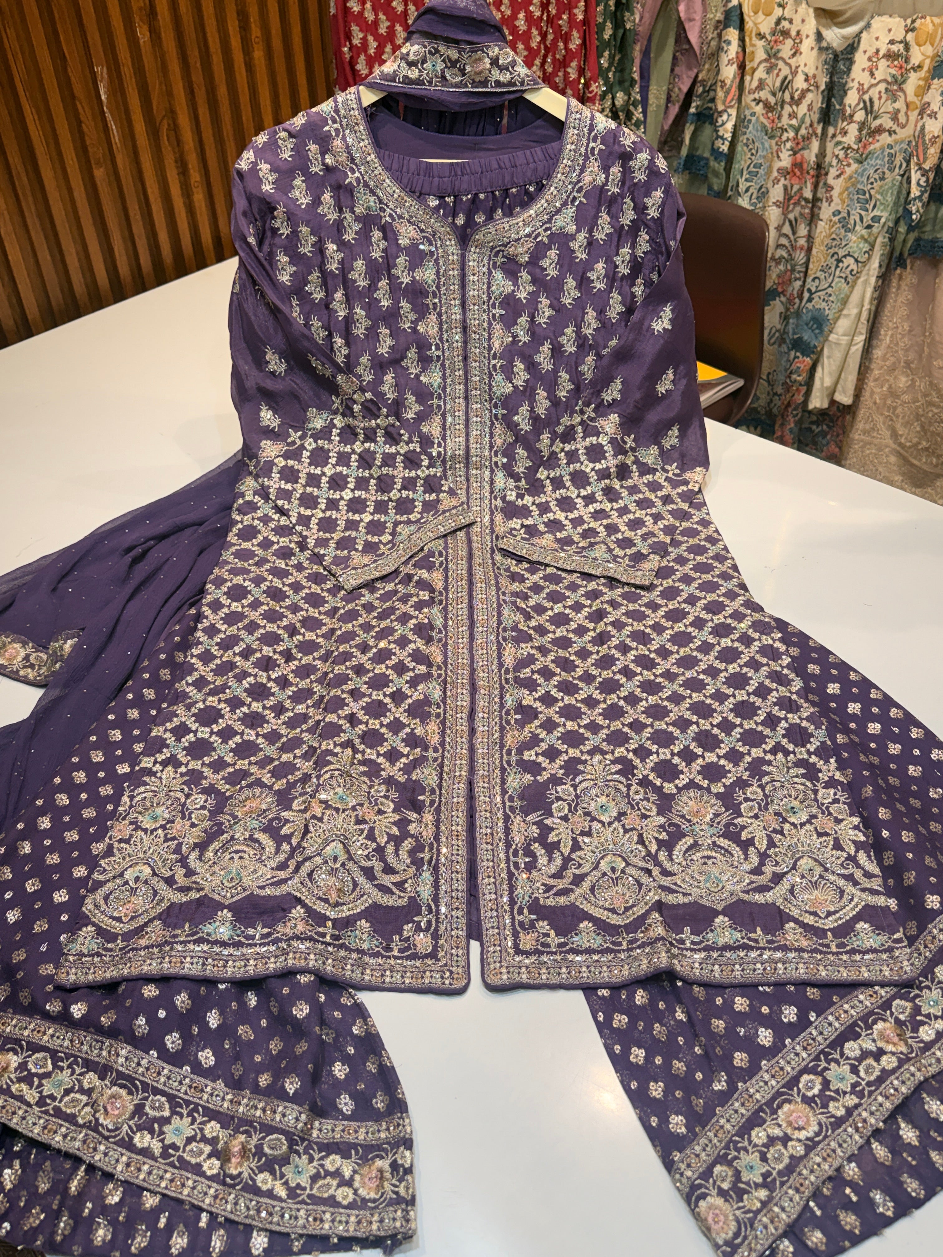 (3501) pure chinon heavy ZARKAN work dress with Banarasi plazo & pure chiffon dupatta