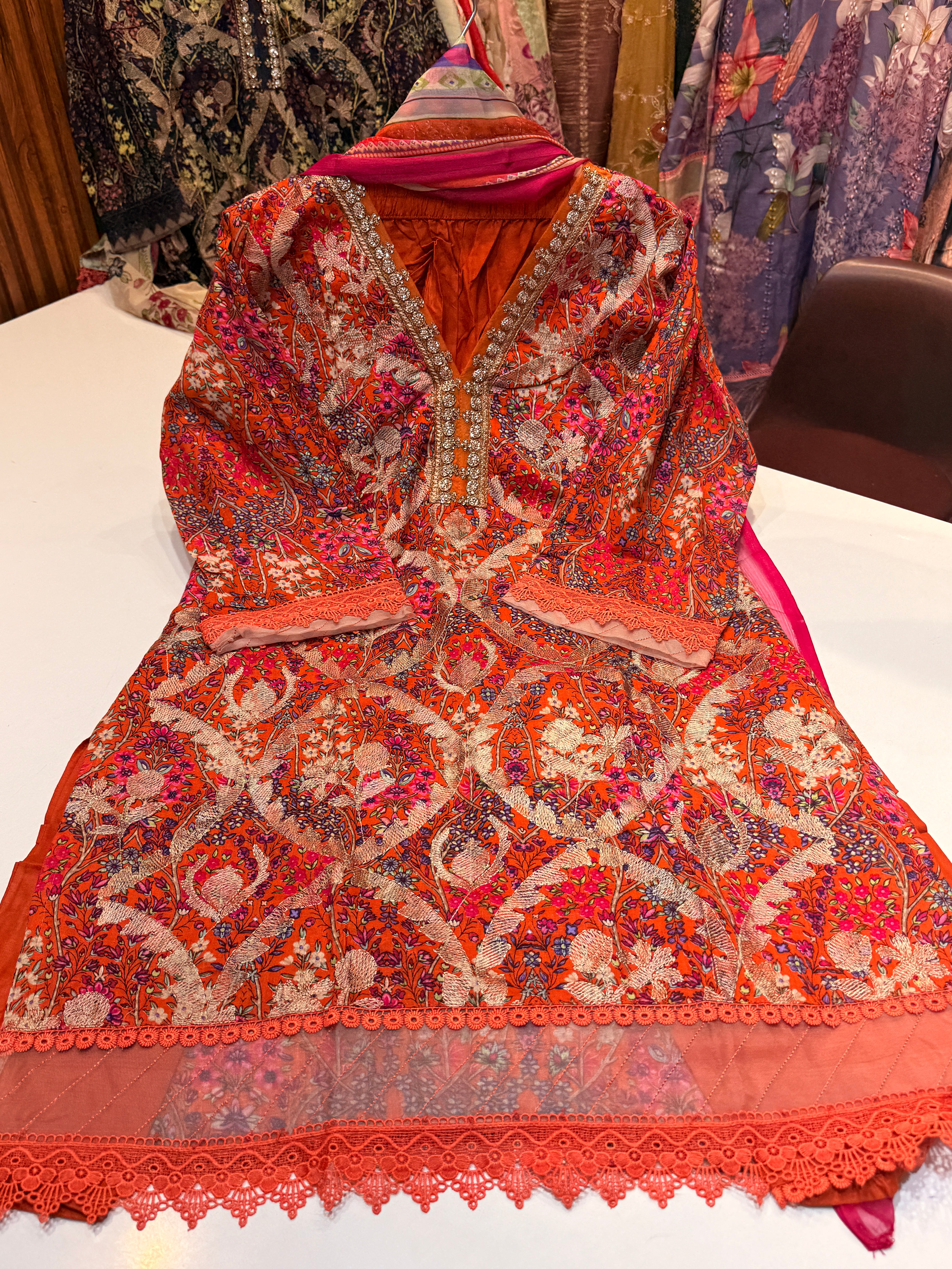 Pure cotton readymade Karachi collection with heavy patch work & pure chiffon digital printed dupatta