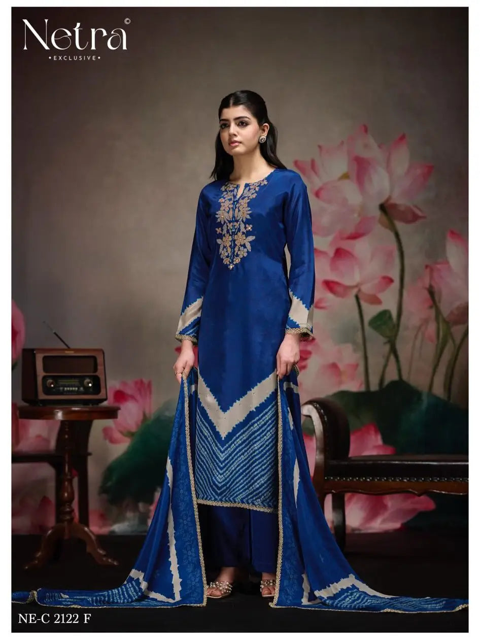 🏷️PRODUCT CODE:-(Netra)Summer Collection features an unstitched pure Bemberg muslin ￼