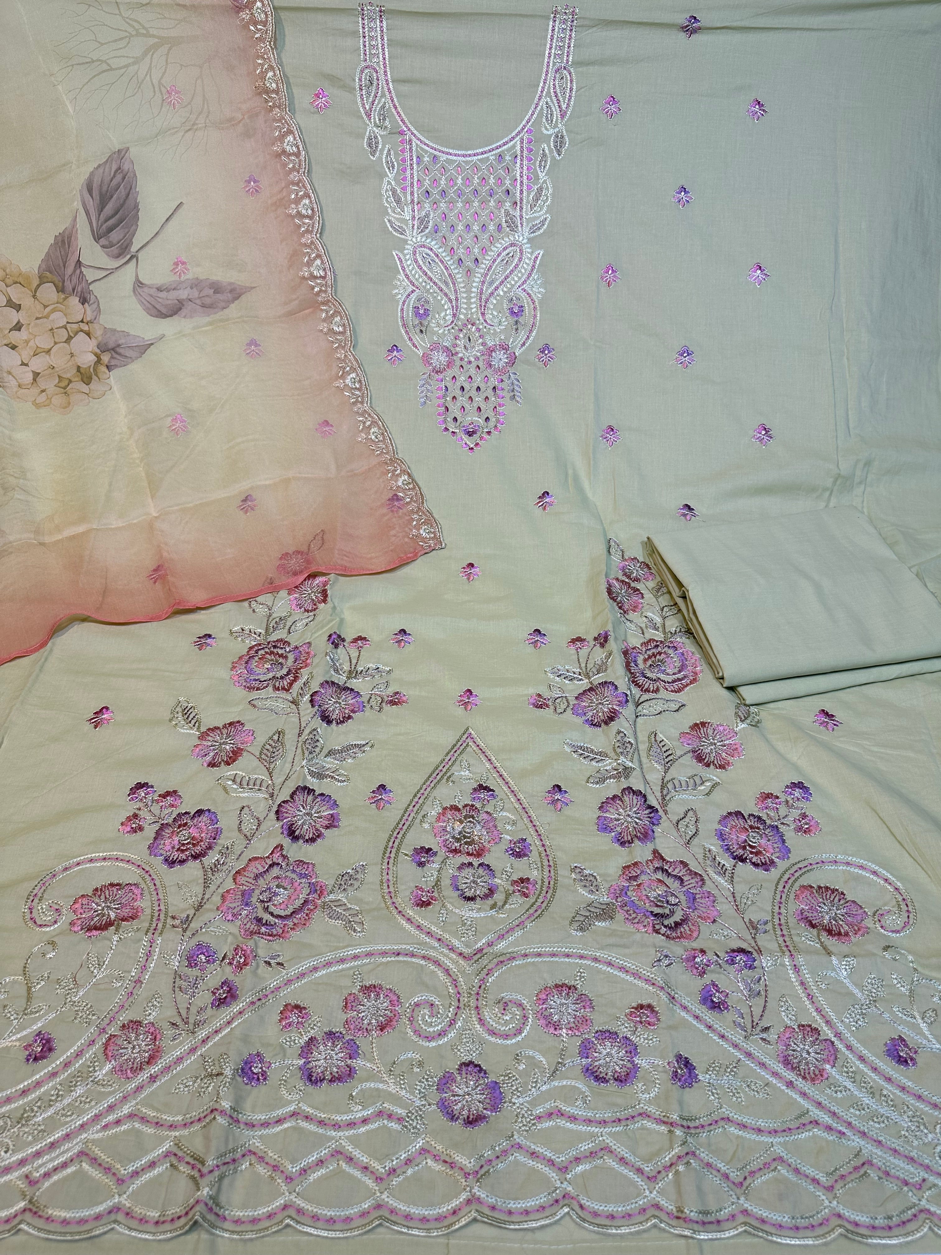Pure lawn cotton with heavy Kashmiri work & pure chiffon digital print dupatta