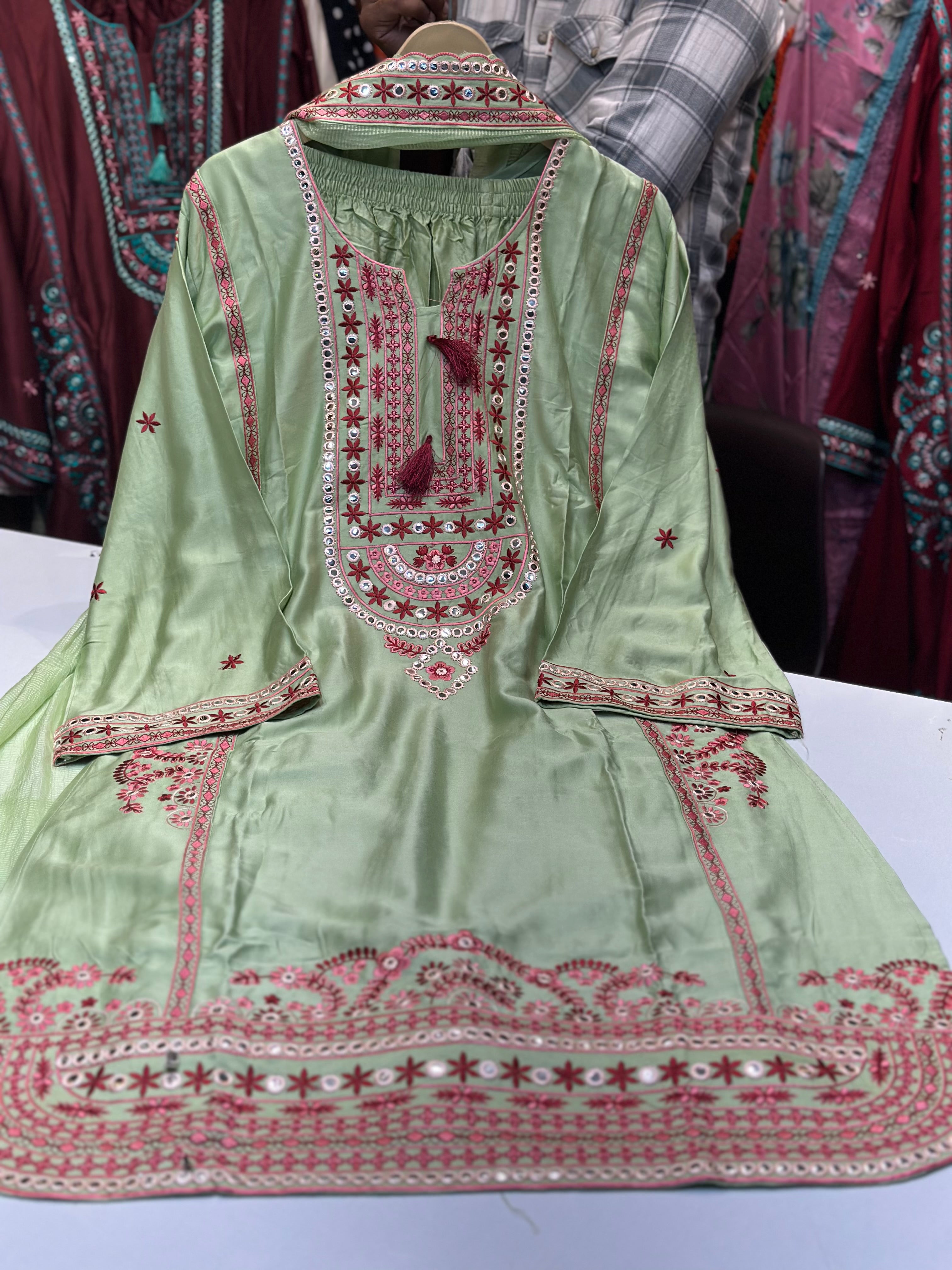 🏷️Product code:-(1601)Dubai satan with heavy embroidery work with farshi shalwar ✅