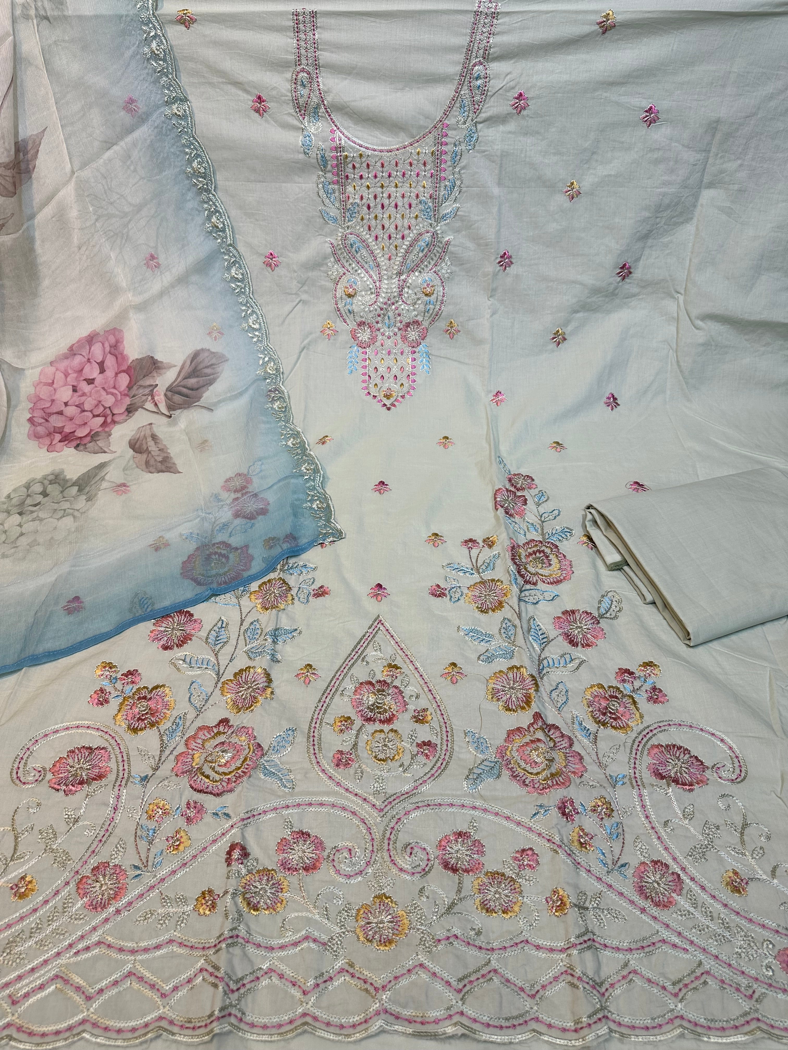 Pure lawn cotton with heavy Kashmiri work & pure chiffon digital print dupatta