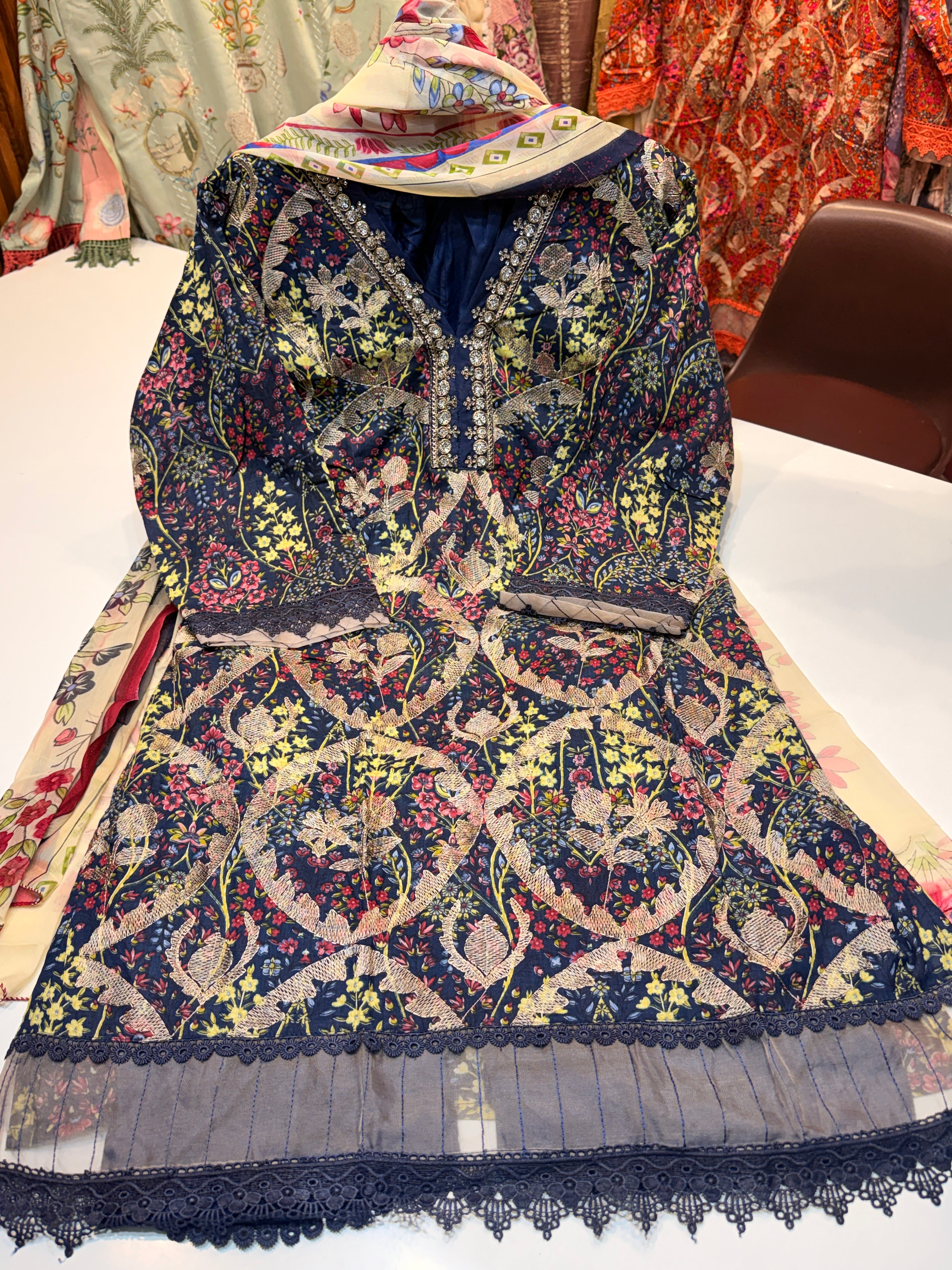 Pure cotton readymade Karachi collection with heavy patch work & pure chiffon digital printed dupatta