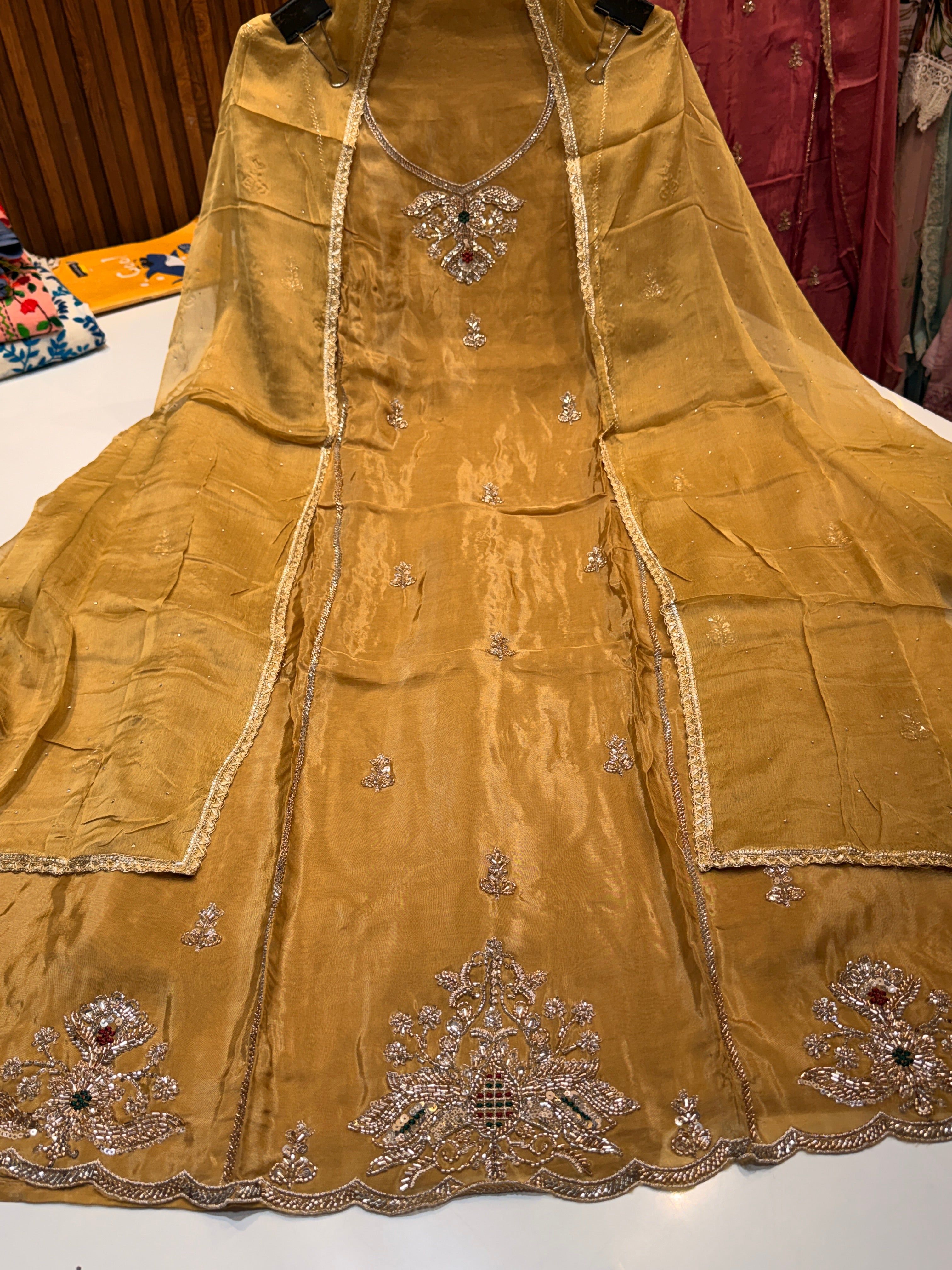 Product code(1099)Pure Glass organza with handwork & pure chiffon dupatta
