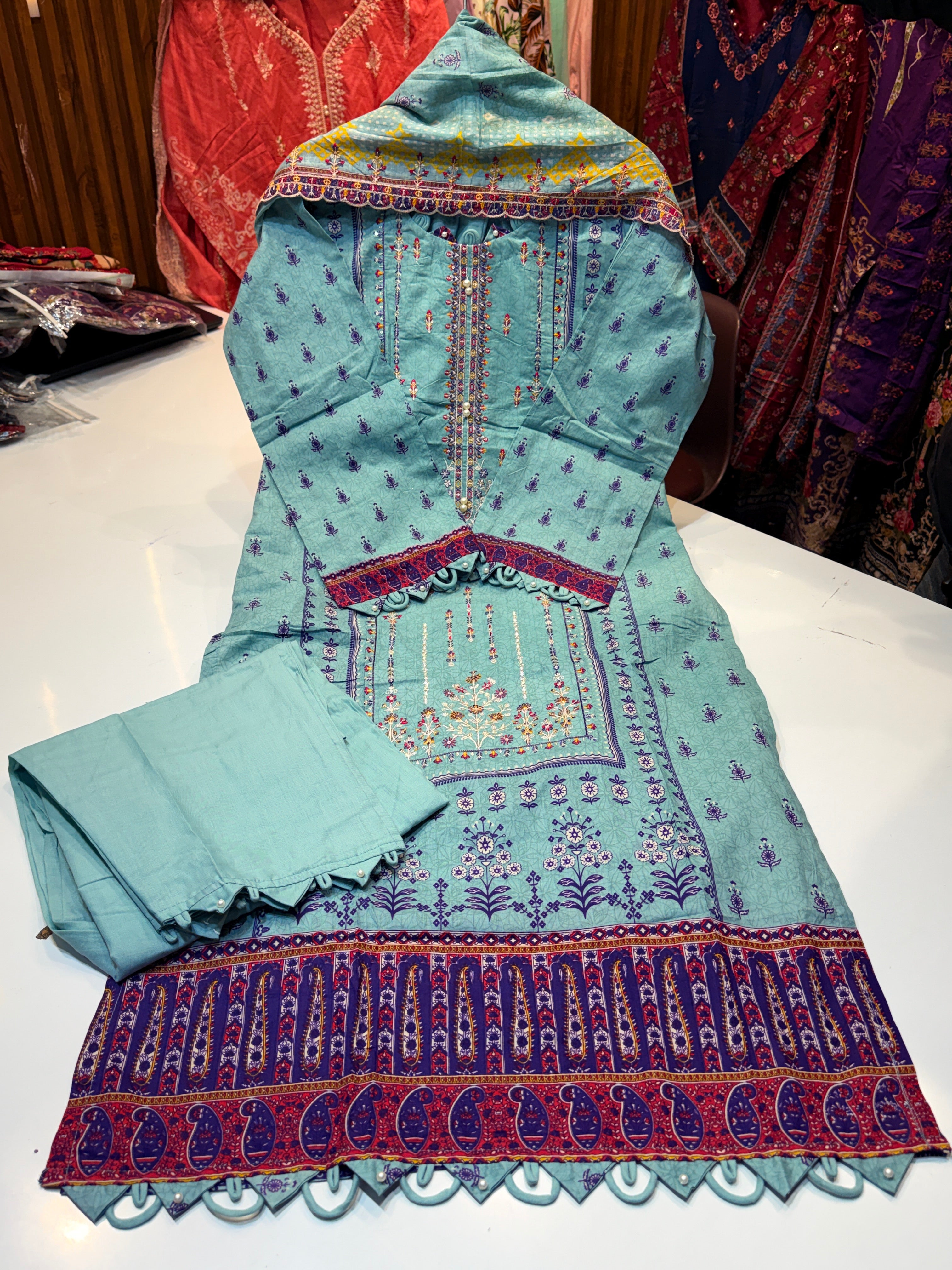 Product code (1251)Pure cotton with with heavy embroidery & heavy cutwork dupatta with pant