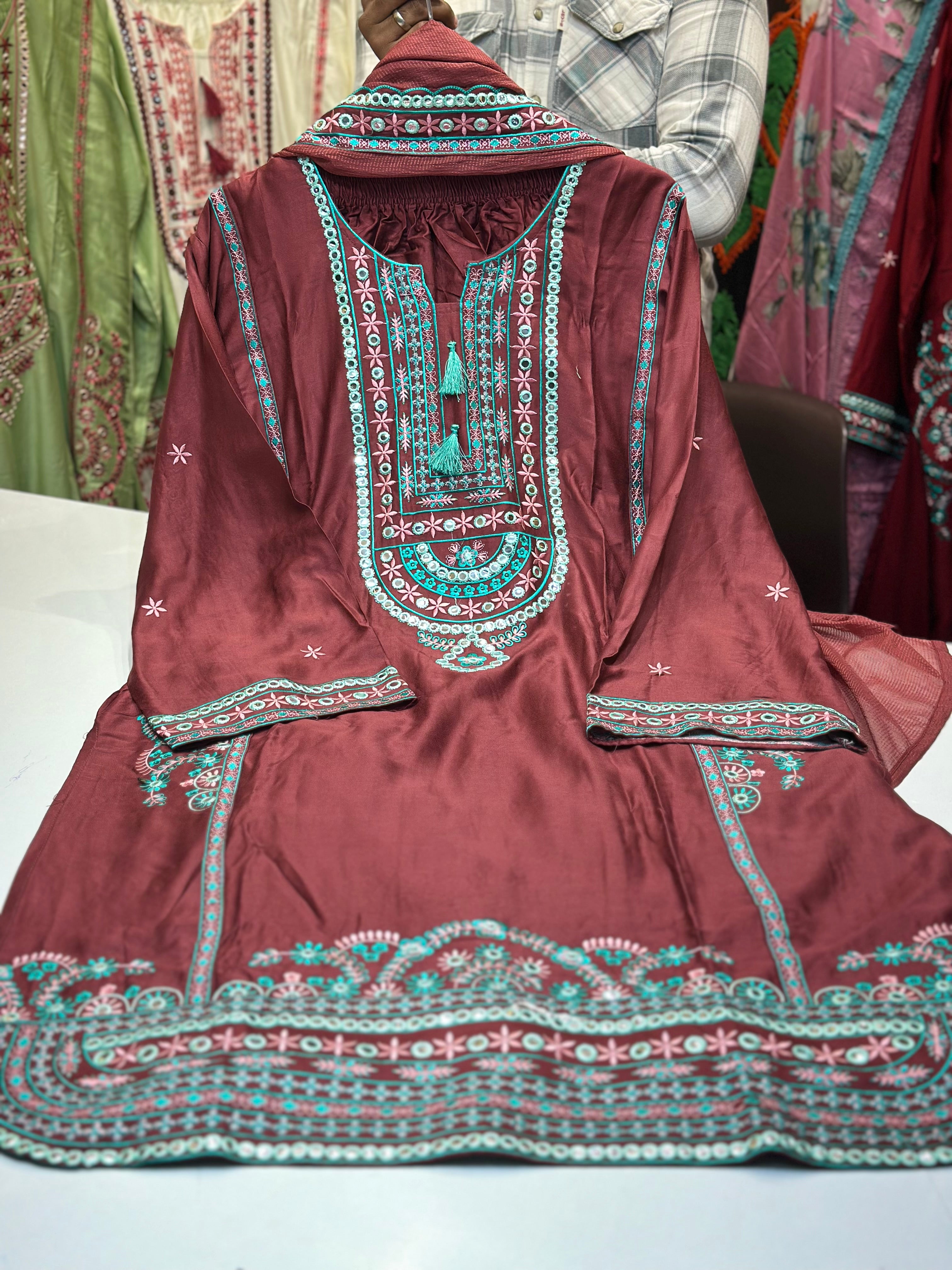 🏷️Product code:-(1601)Dubai satan with heavy embroidery work with farshi shalwar ✅