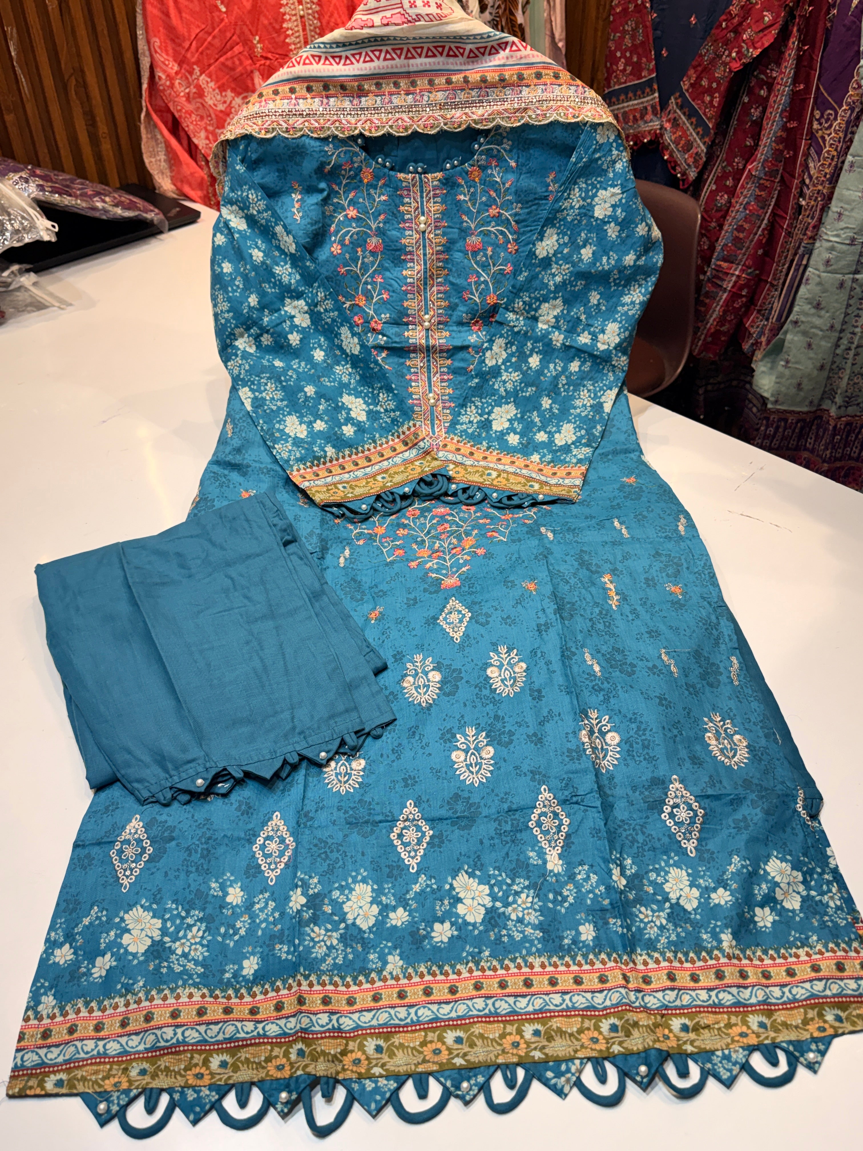Product code (1251)Pure cotton with with heavy embroidery & heavy cutwork dupatta with pant