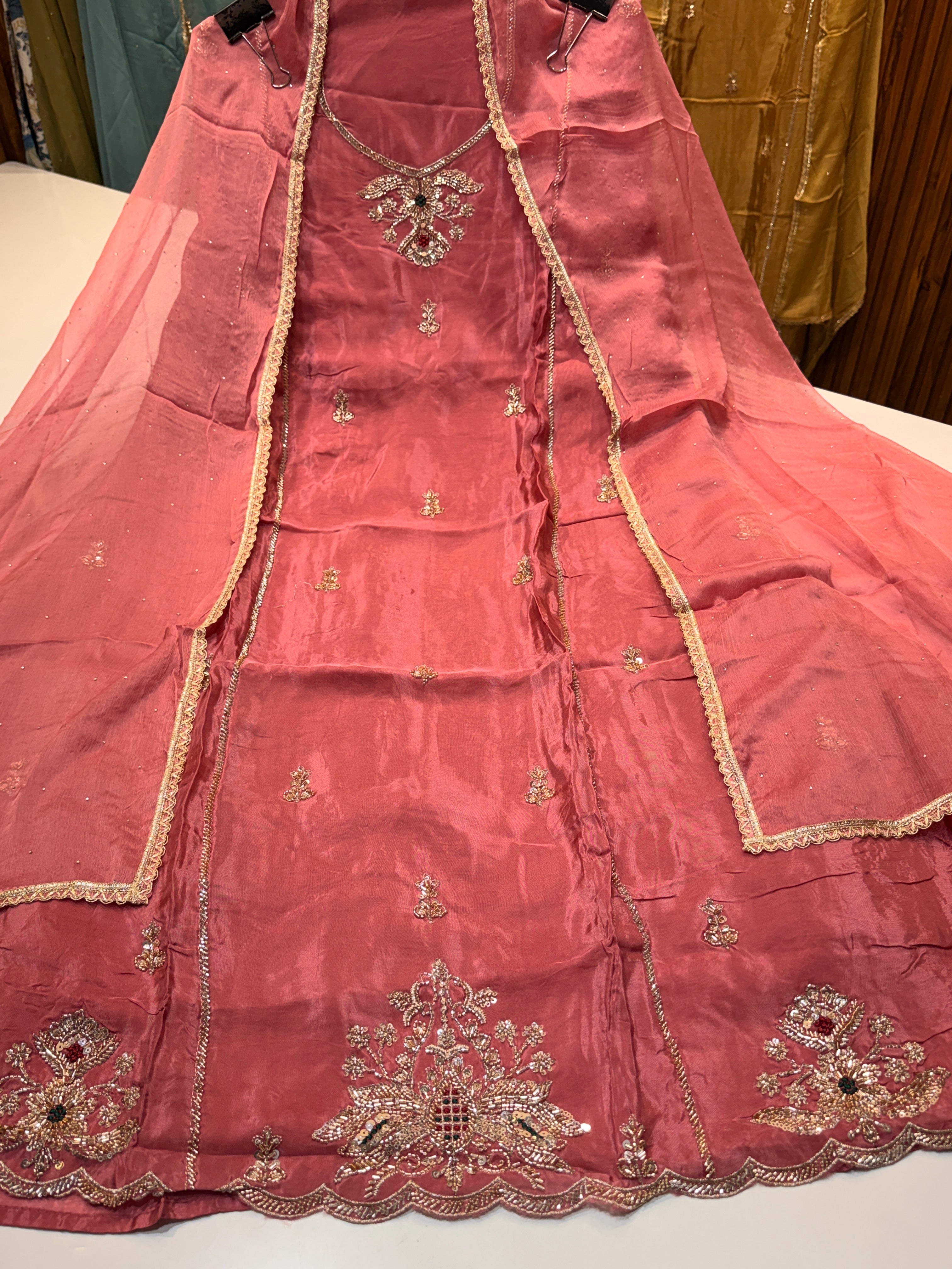 Product code(1099)Pure Glass organza with handwork & pure chiffon dupatta
